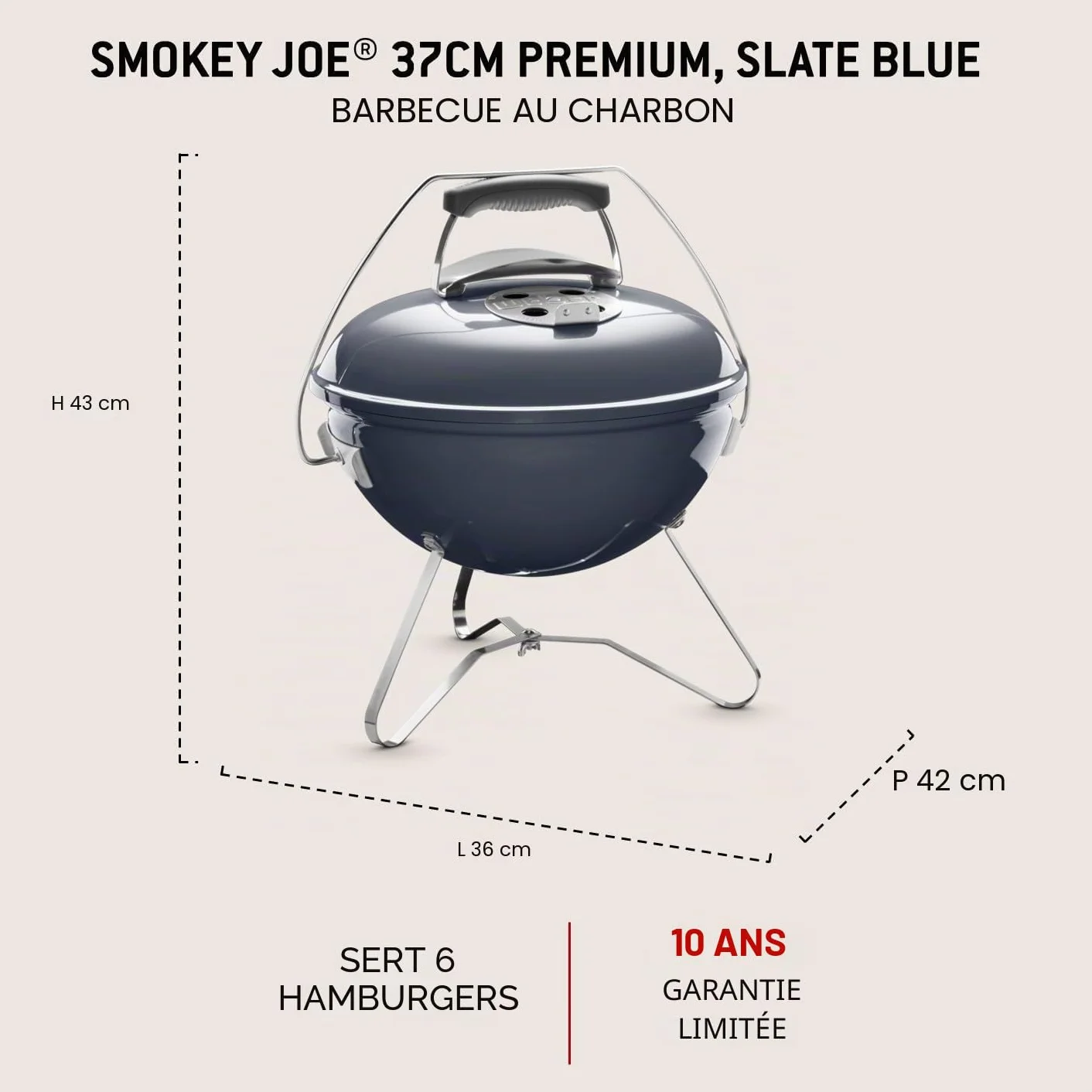 Weber Smokey Joe Premium Barbecue à charbon 37 cm, couvercle émaillé porcelaine, bleu ardoise