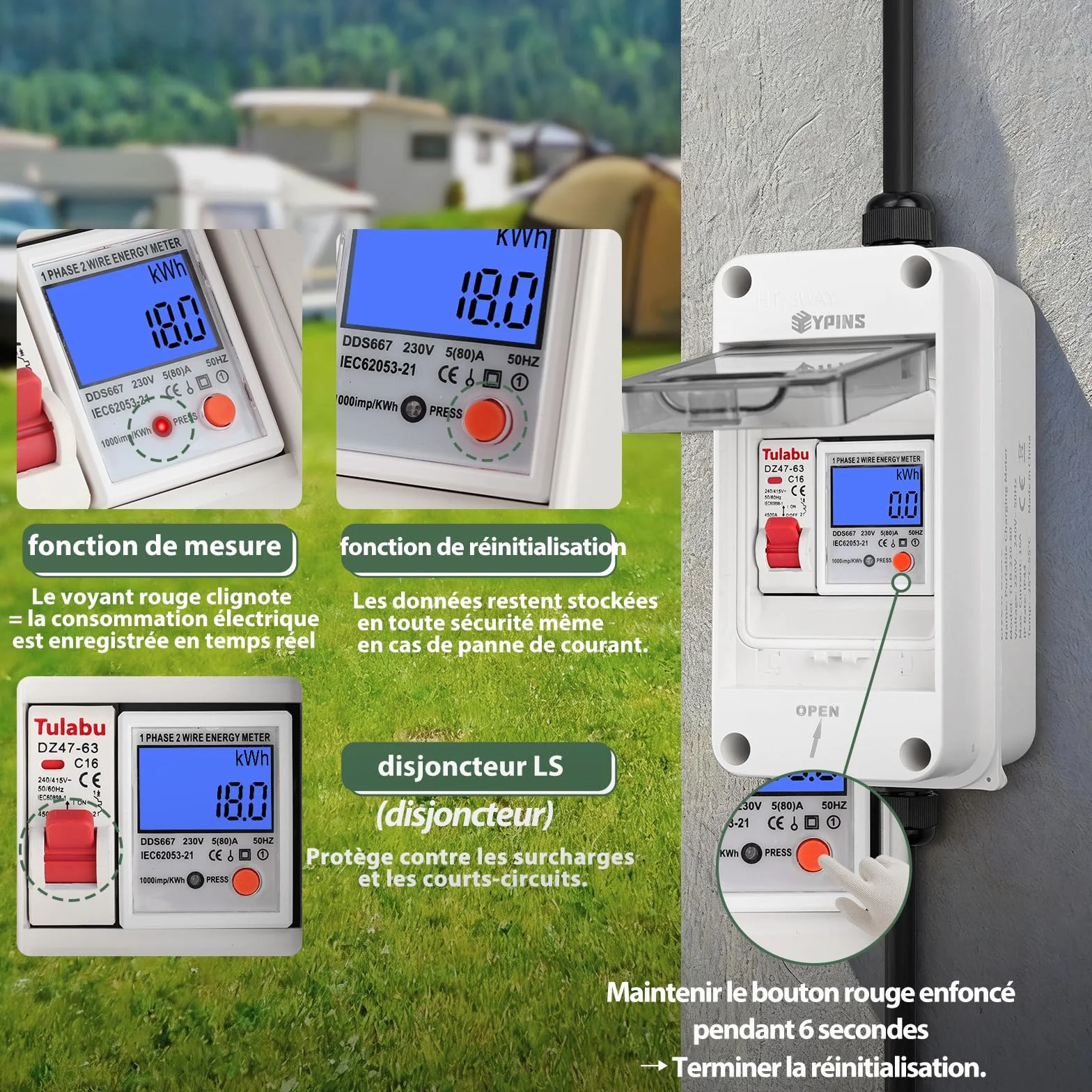 EYPINS Compteur d'Énergie Portable Étanche IP65 avec Interrupteur Wattmètre de Prise avec Mémoire,Surveillance Temps Réel 80A 3680W,Câbles 2x1.5m H07RN-F VDE pour Camping-Car,Maison,Extérieur