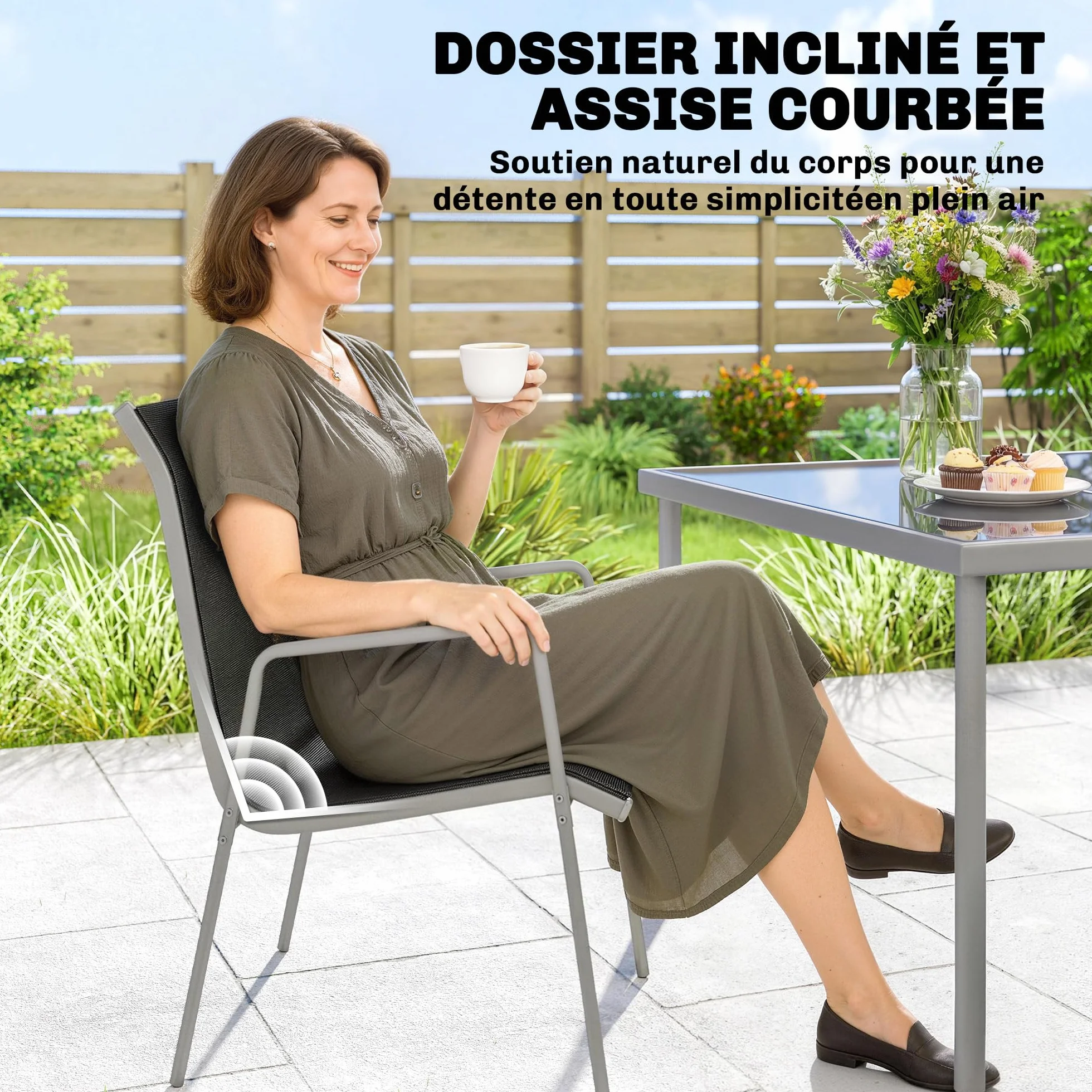 Outsunny Salon de Jardin 6 Personnes Table et Chaises Empilables Textilène Plateau Verre Trempé Argent