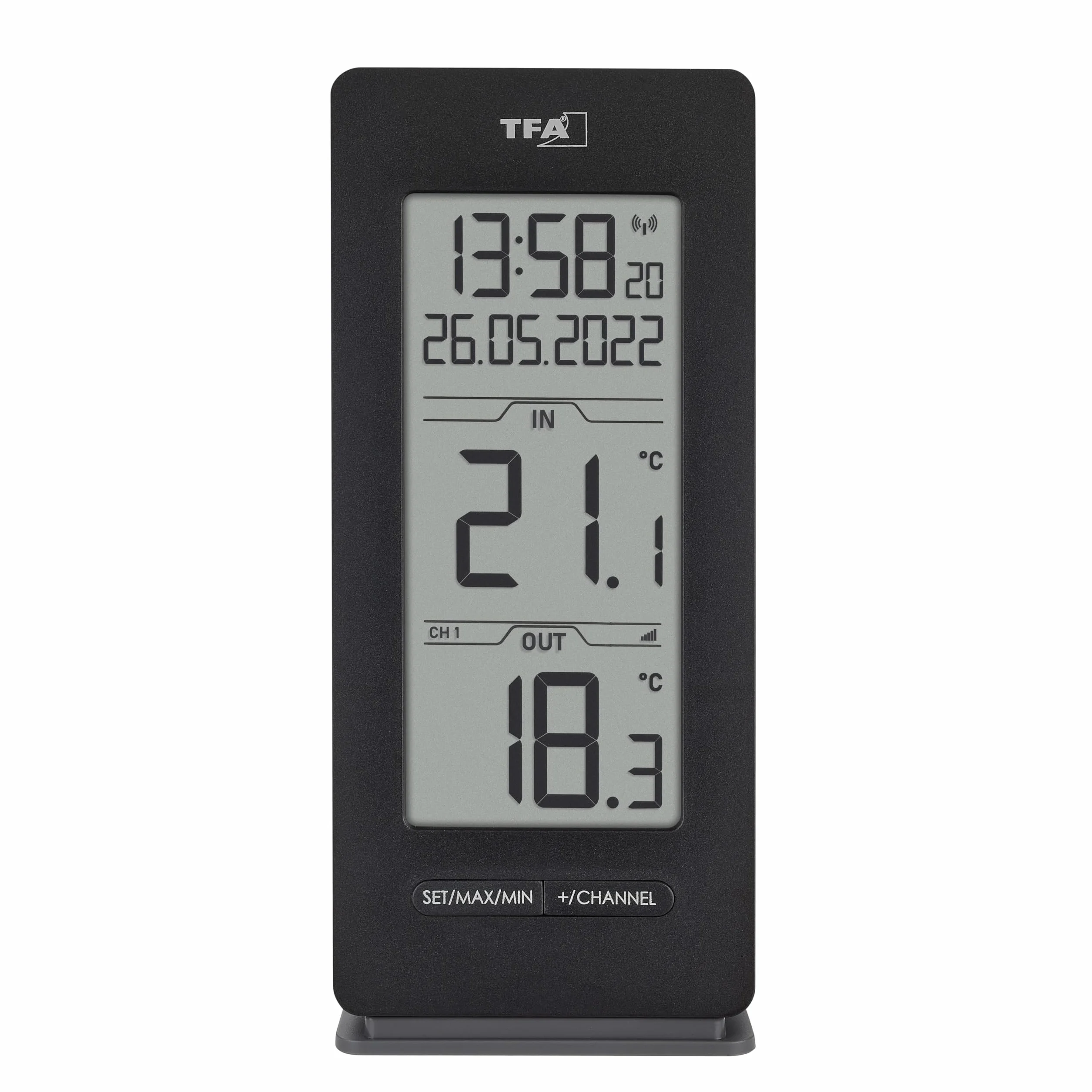 TFA Dostmann termometr cyfrowy 30.3072.01.90 czujnik bezprzewodowy temperatura zewnętrzna i wewnętrzna max/min czarny