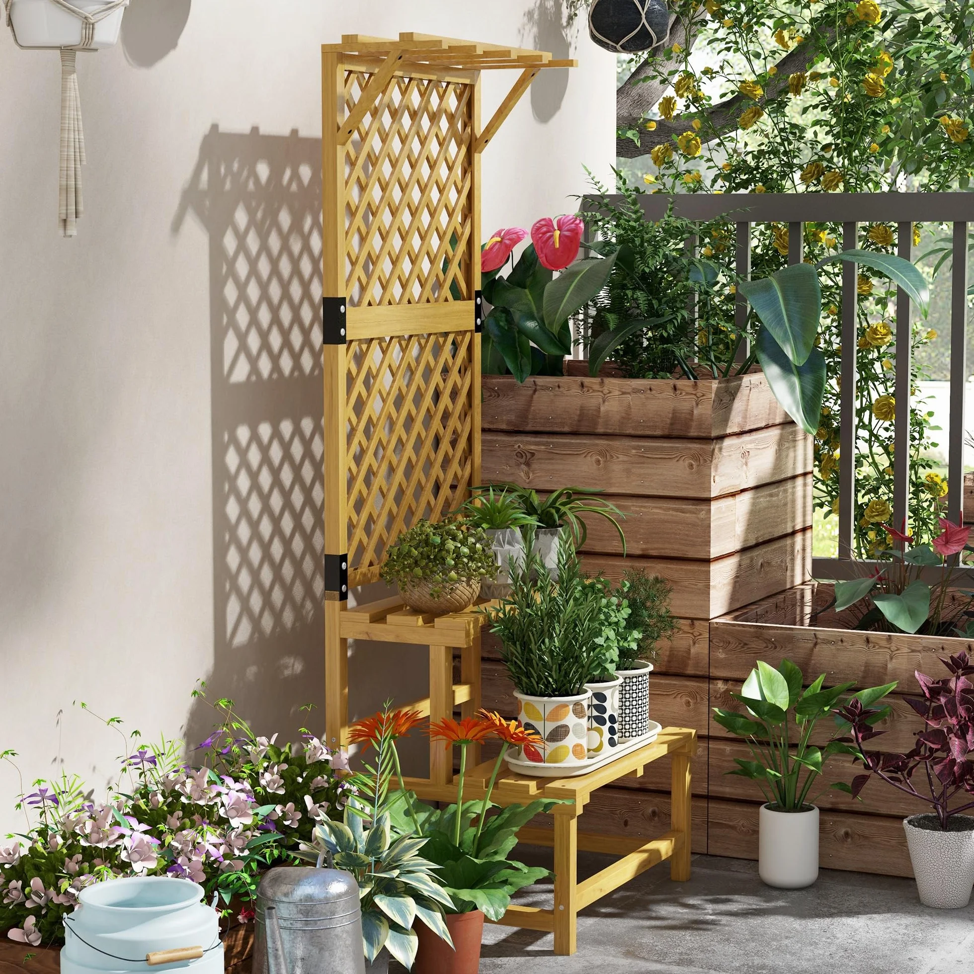 Outsunny Support plantes intérieur porte plante à deux niveaux avec treillis bois massif jaune