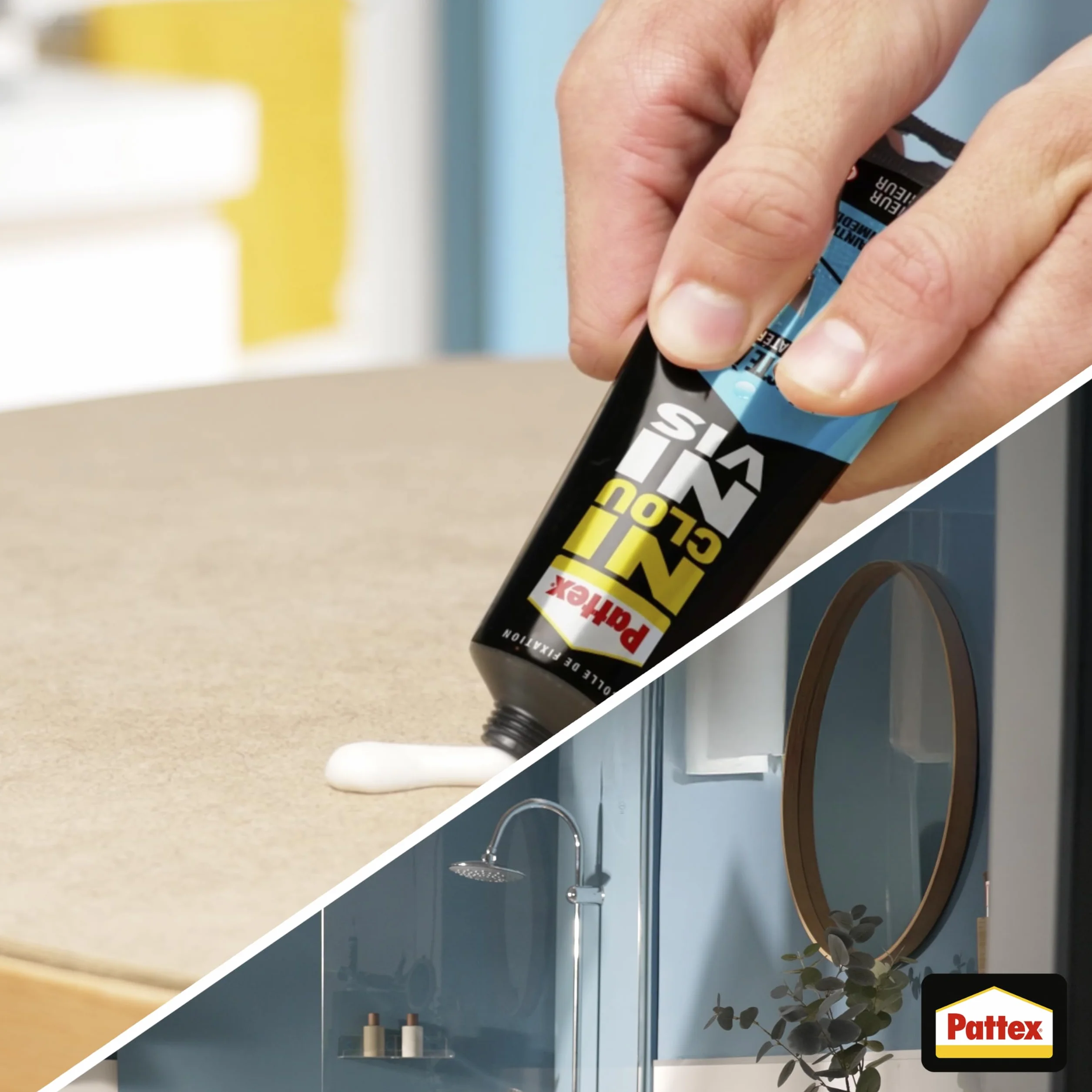 Pattex - Colle Ni Clou Ni Vis Résiste à l'Eau Multi-Matériaux (tube de 142 g) – Colle de fixation à maintien immédiat pour intérieur & extérieur – Mastic blanc flexible et repositionnable
