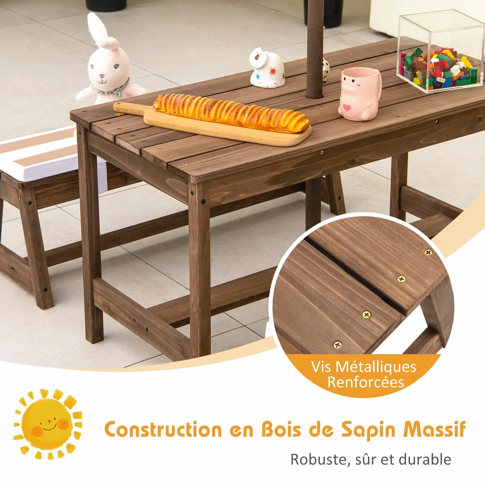 COSTWAY Table de Pique-Nique Enfants avec Parasol Réglable, Salon Jardin Bois Coussins, 89 x 44 x 50 cm Marron