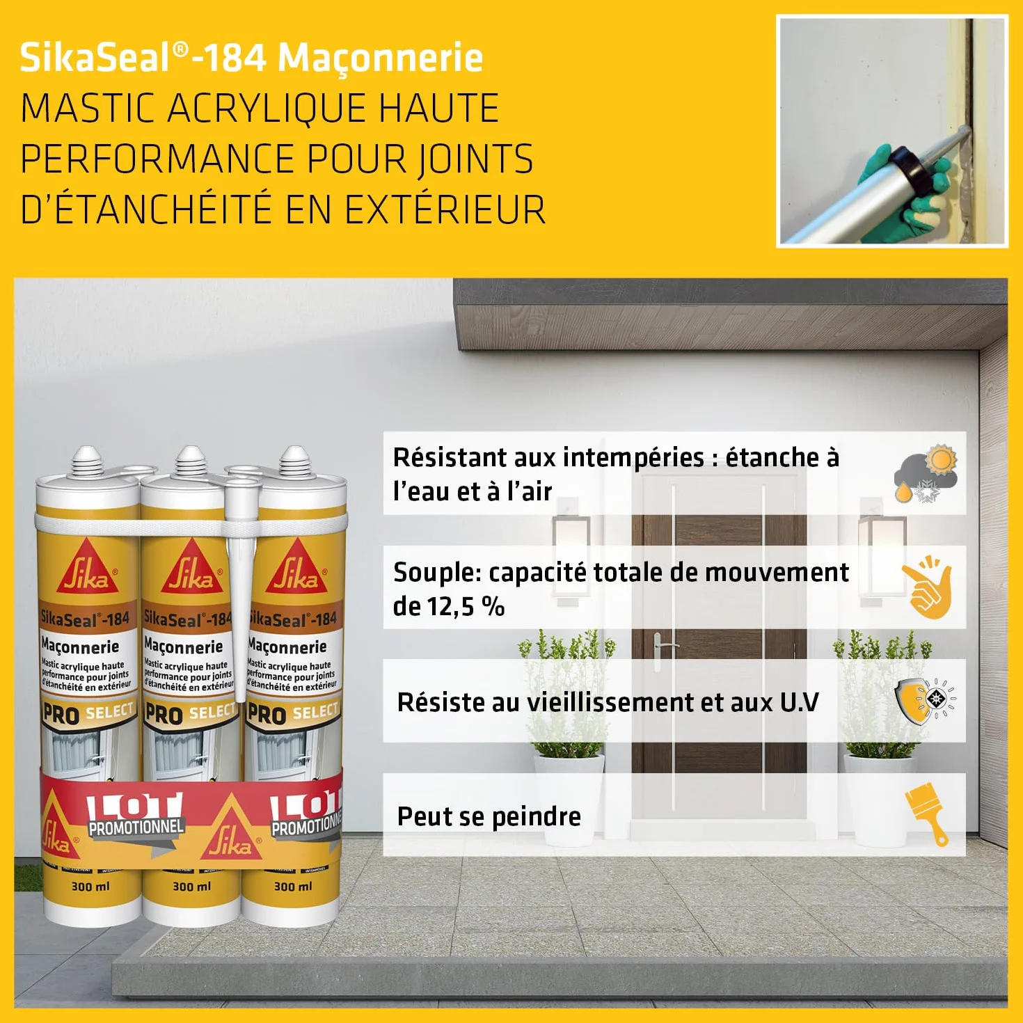 SIKA - Mastic acrylique haute performance - Lot de 3 cartouches SikaSeal-184 Maçonnerie blanc - Réparation de fissures - Joints d’étanchéité - Extérieur et intérieur - Lot de 3 x 300 ml