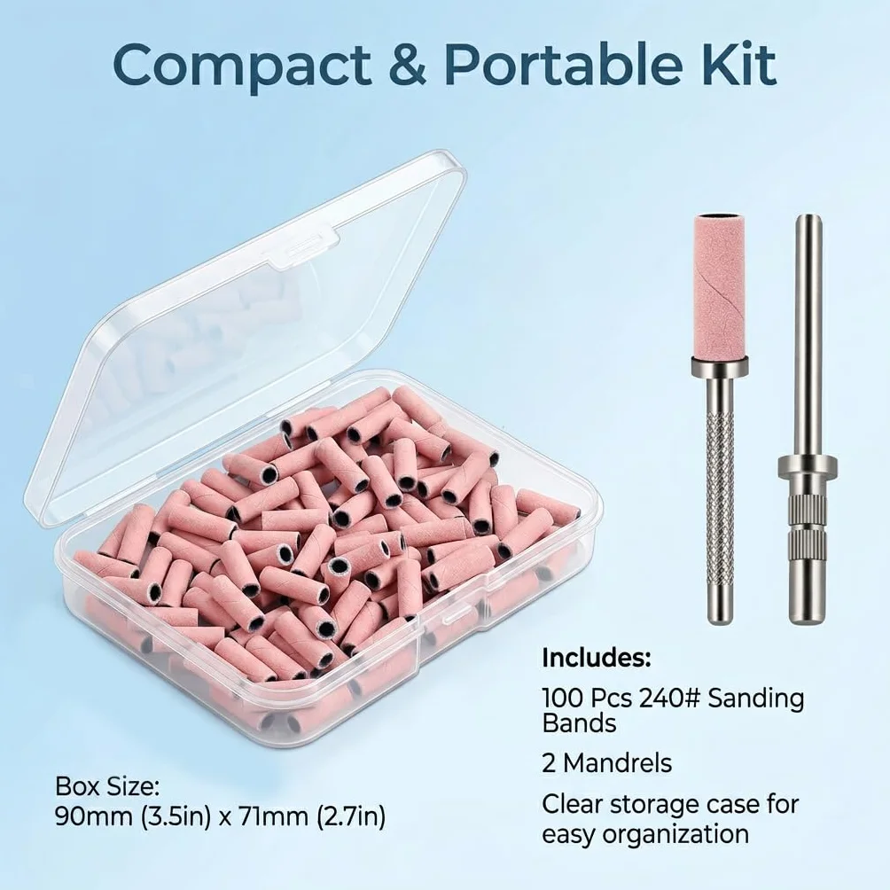 100 Pcs Embout Ponceuse Ongles Grain 240 Rose avec 2 Mandrins, Embout Emeri Professionnel pour Manucure Pédicure, Bandes de Ponçage pour Nail Prep et Finition, Compatible avec Ponceuse Ongles Standard