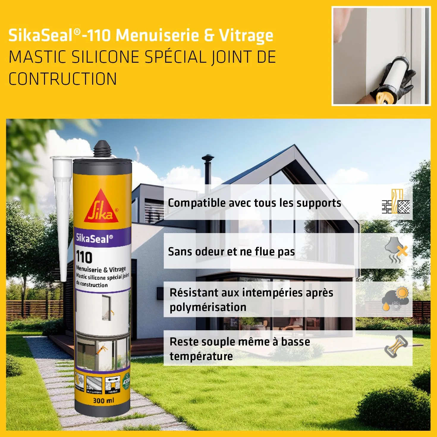 SIKA - Mastic silicone de construction - SikaSeal-110 Menuiserie & Vitrage transparent - Joint de menuiserie et vitrage - Extérieur/intérieur - 300 ml