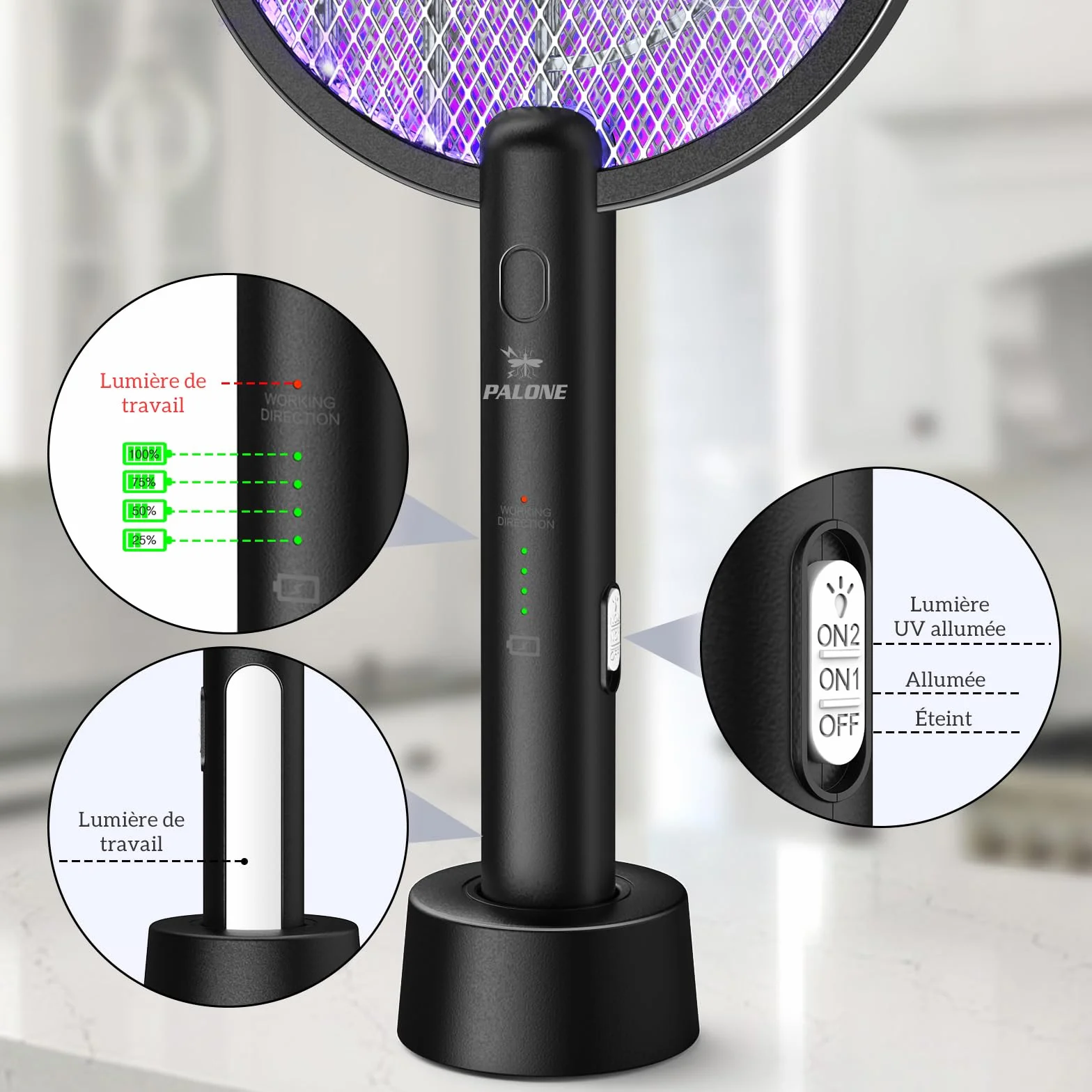 PALONE Raquette Electrique Insectes 4000V Anti Moustiques avec Base de Charge et UV, Tapette à Mouches Haute Efficacité Intérieur Extérieur, Grille Sécurité 3 Couches Noir