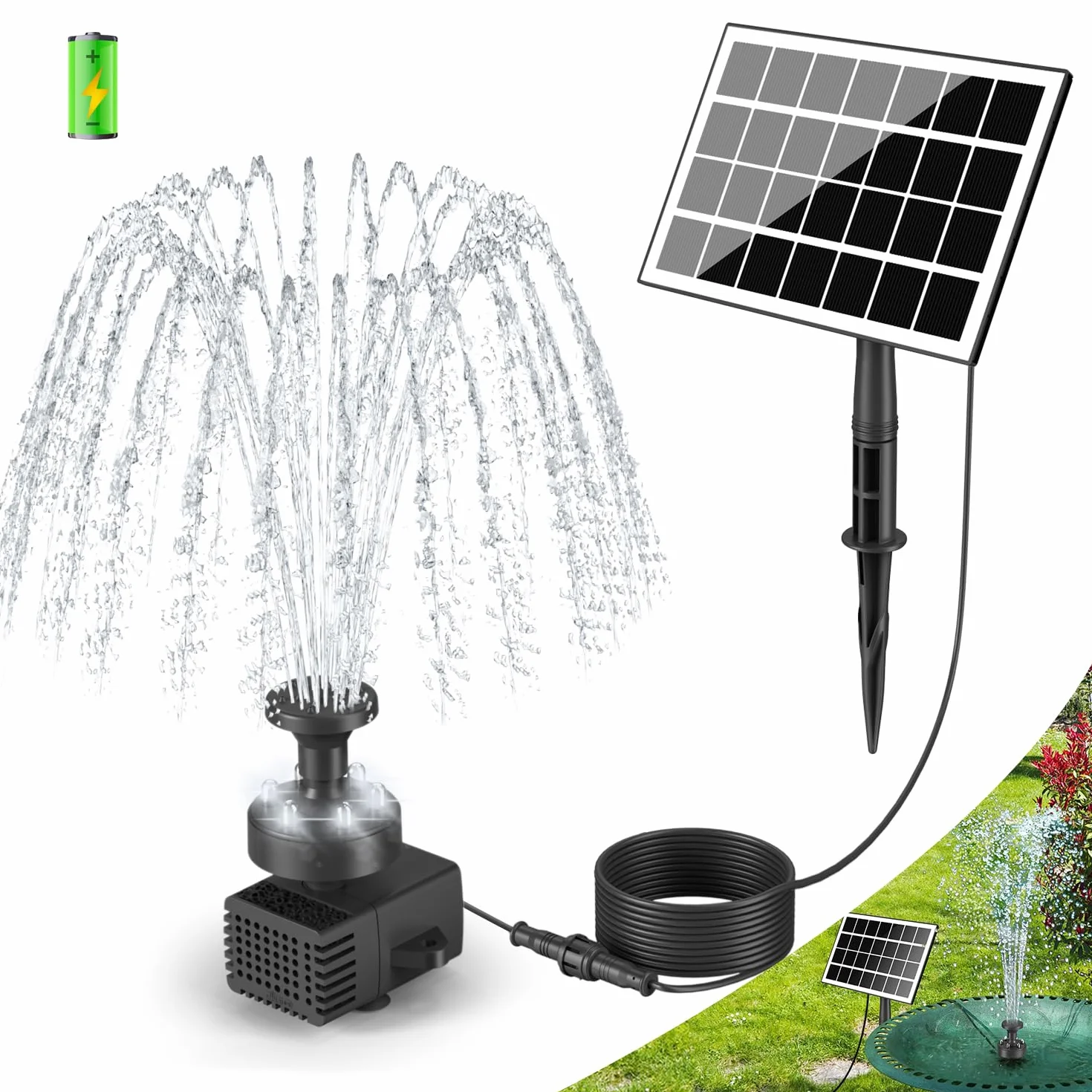 Fontaine Solaire Extérieur 3.5W Pompe Bassin Solaire avec Lumière LED, Batterie 2000mAh, 8 Buses pour Bain d'oiseaux, Jardin