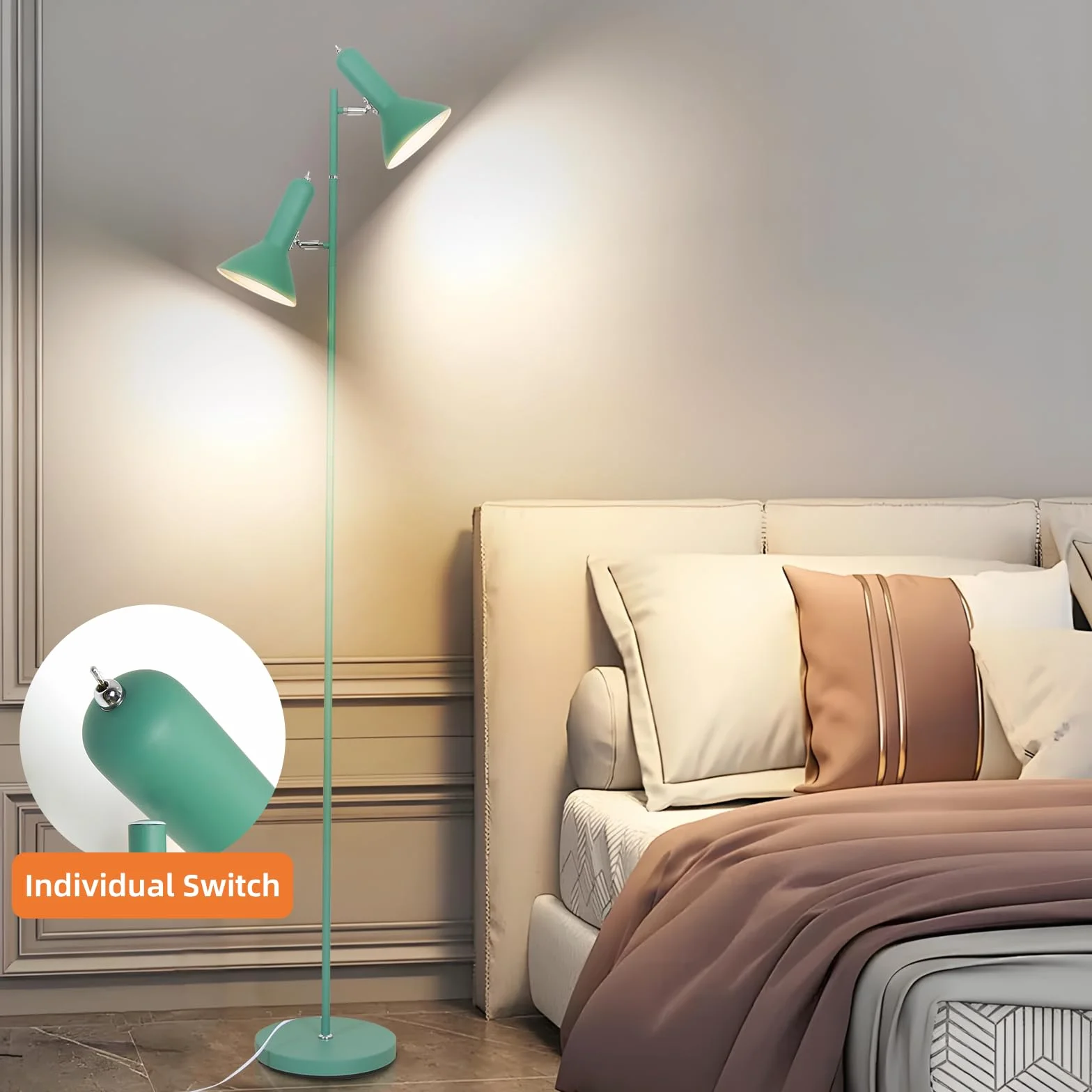 Lampe à plantes E27 sur pied en métal, angle réglable, 2x max 60 W, avec interrupteur pour salon bureau