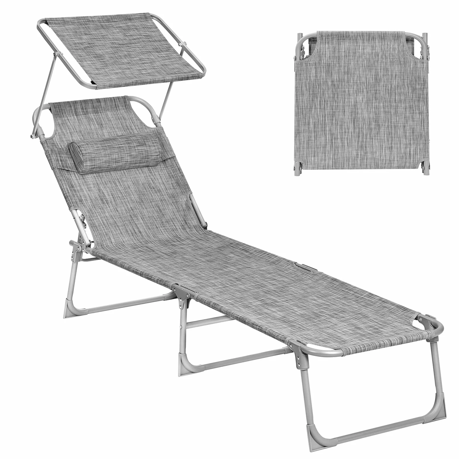 SONGMICS Chaise Longue Pliable 193x53x29 cm 150 kg avec Pare-soleil Appuie-Tête Dossier Réglable GCB19T