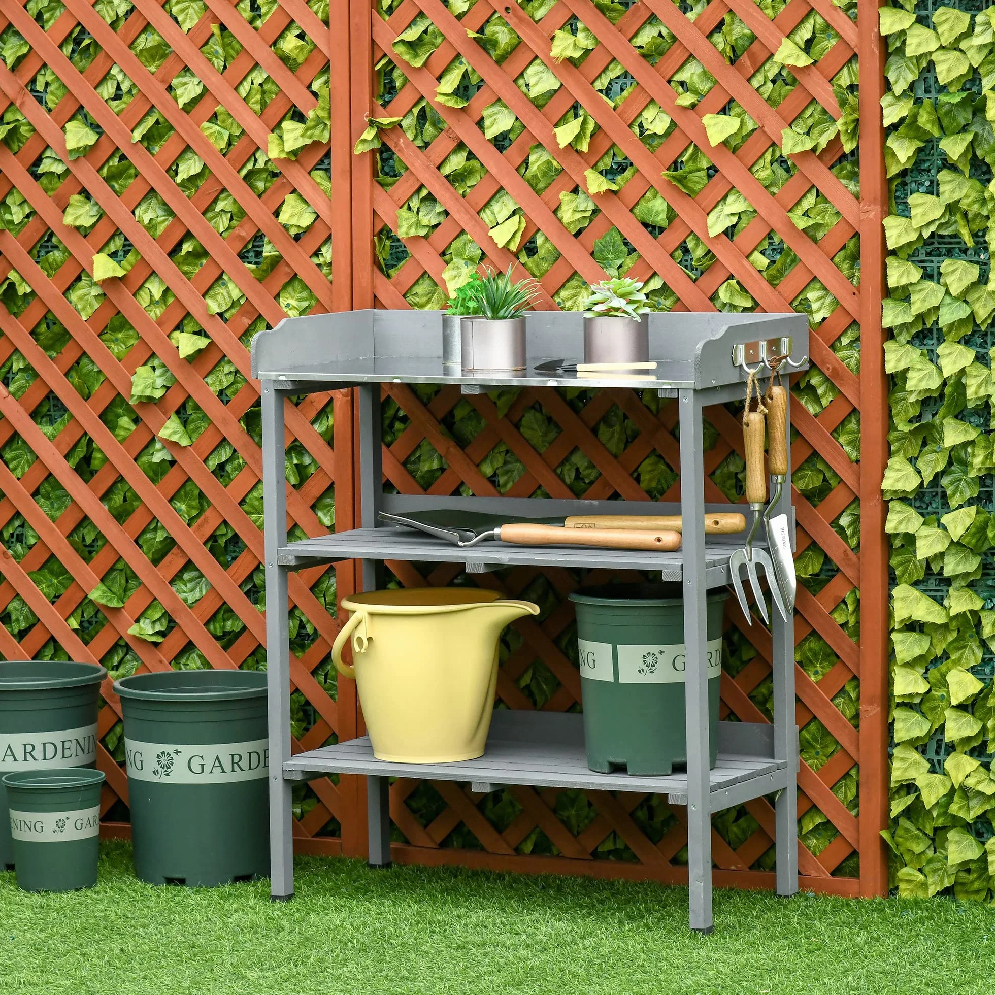 Outsunny Table de jardinage en métal et bois gris 76 x 37 x 89 cm