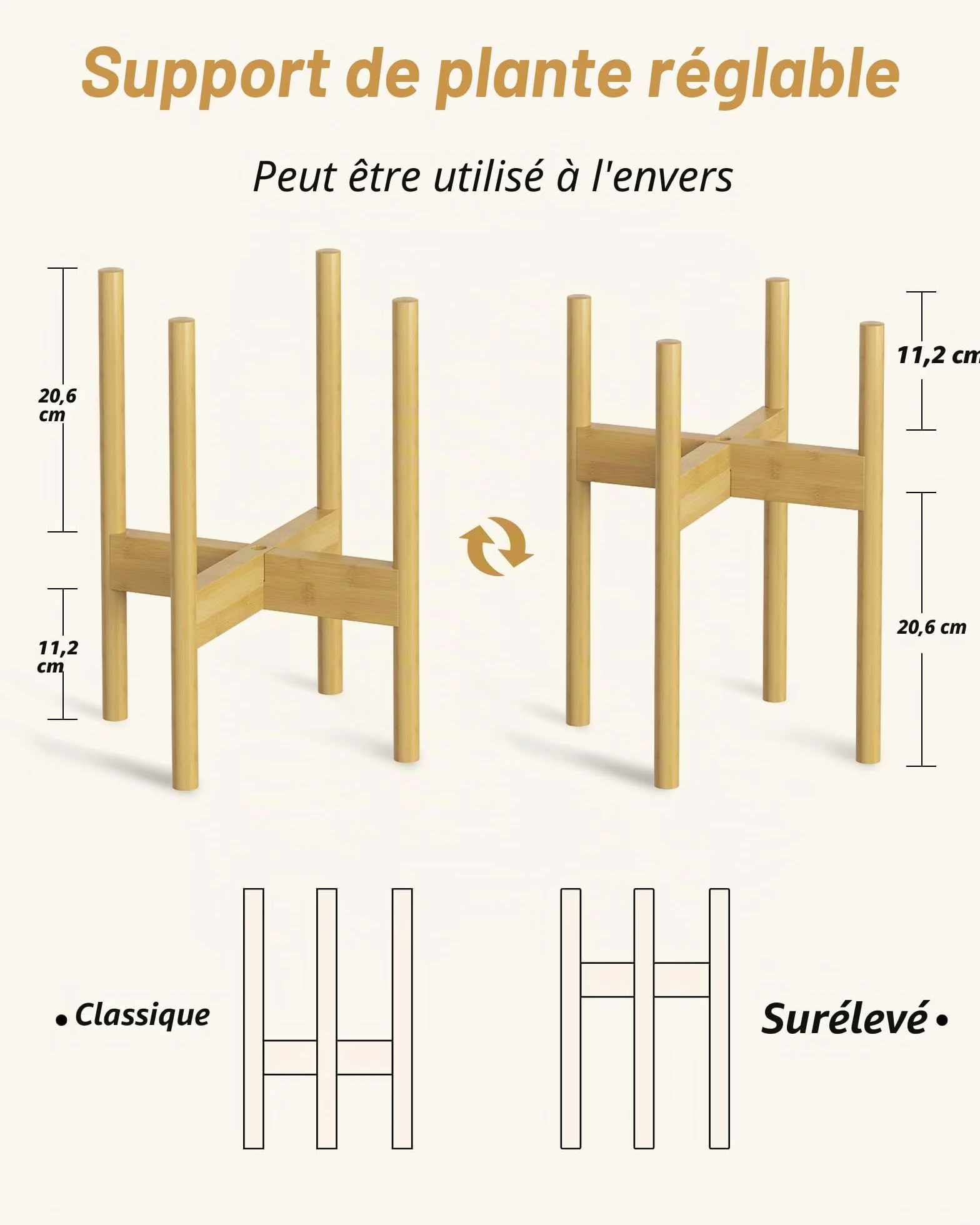 Bamworld Support réglable pour plantes d'intérieur en bambou 20-30 cm pour salon