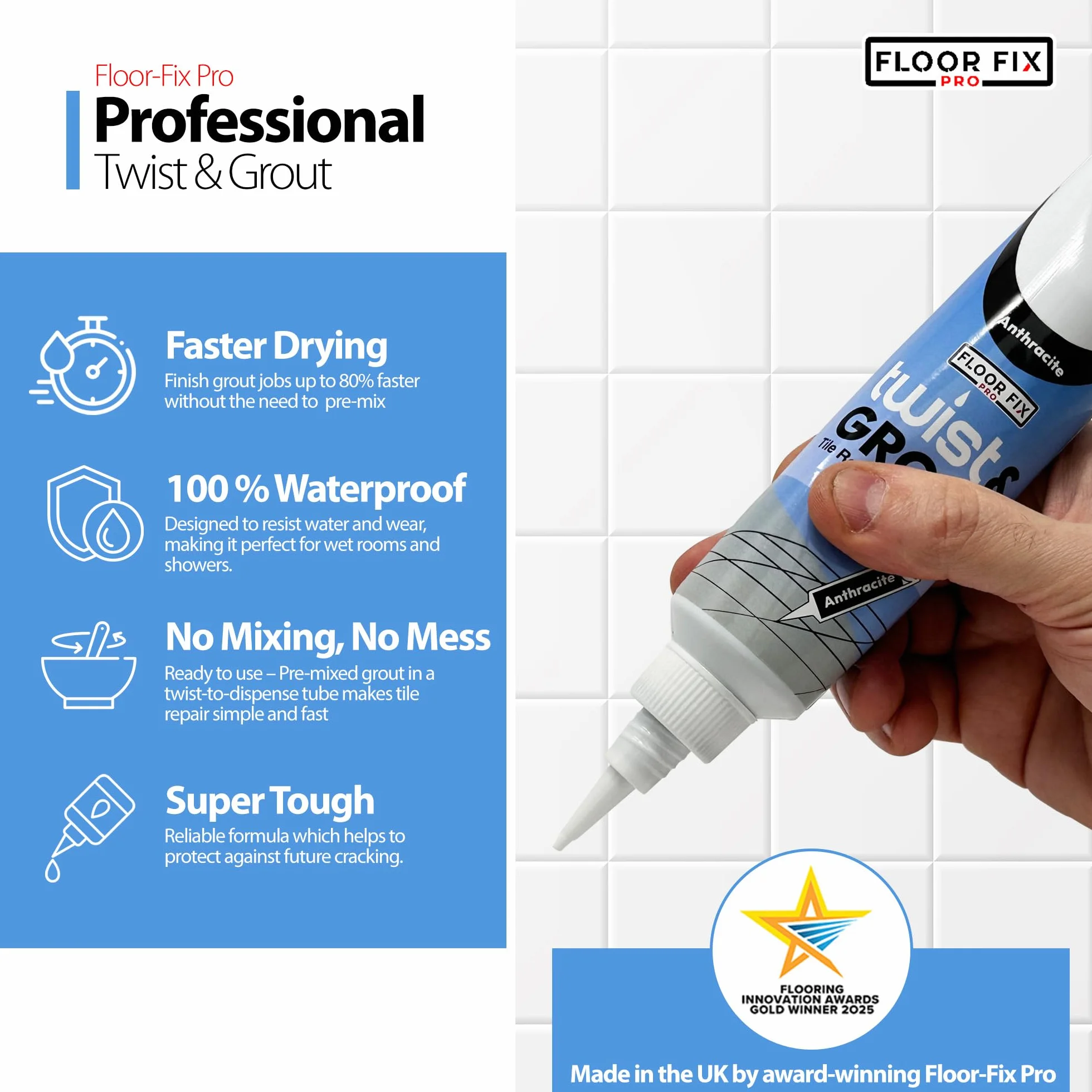 Twist & Grout de Floor-Fix Pro - Joint Carrelage. Réparation Rapide pour Salle de Bain/Douche/Cuisine - Kit de Restauration Prémélangé, Durable et Imperméable (Blanc)