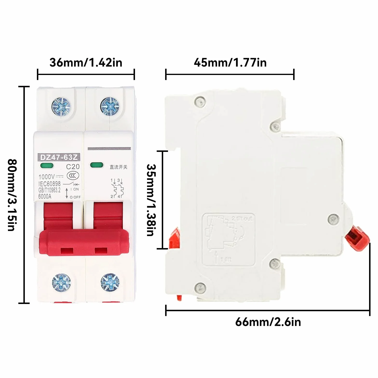 Disjoncteur Miniature 1000V DC 20A 2P Din Rail Mount Protection Contre Les Surcharges à Domicile Interrupteur D'air pour Lignes de Distribution D'éclairage Résidentiel Système PV Solaire