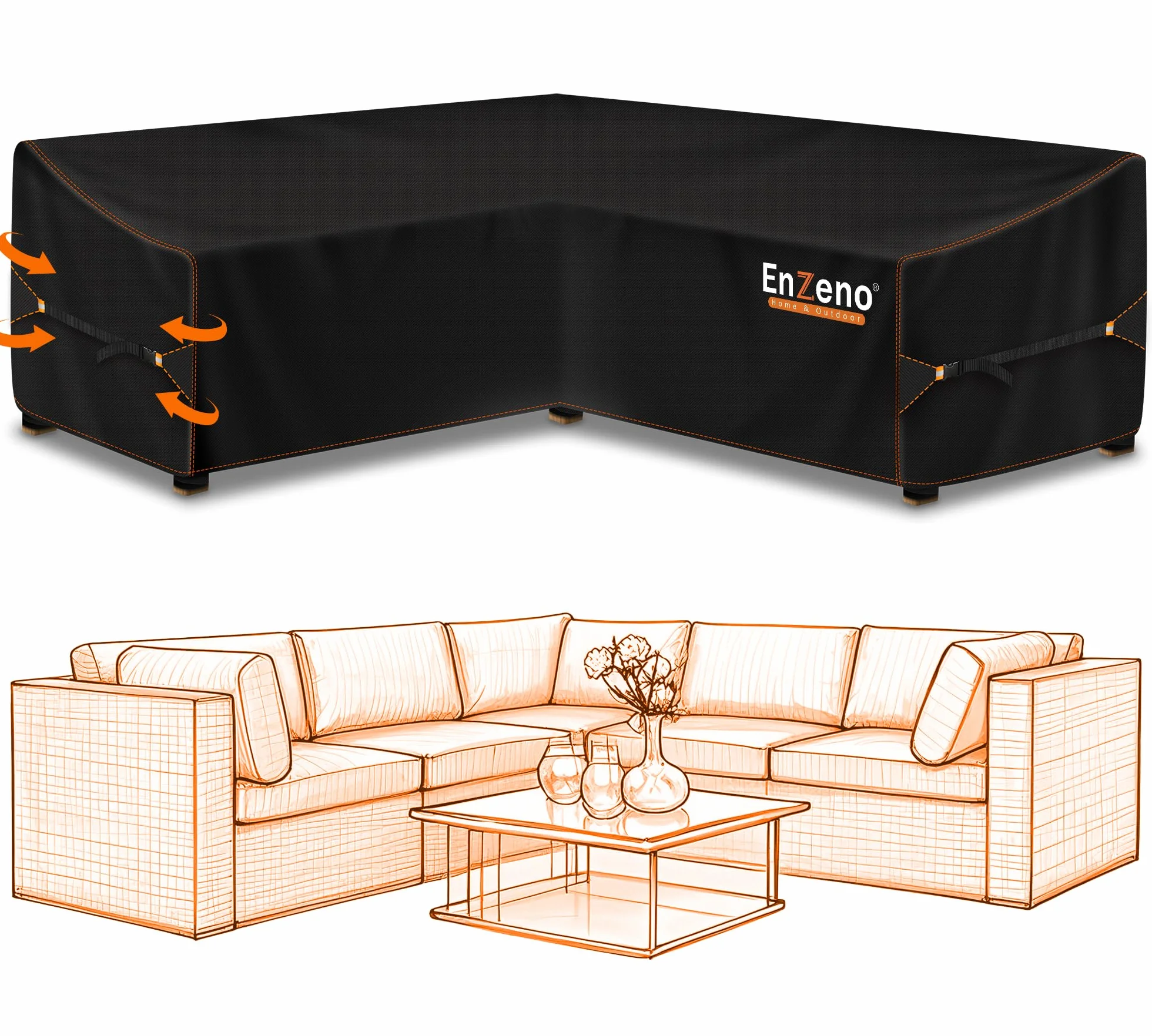 Enzeno Housse de canapé d'angle imperméable en tissu Oxford 420D 255 x 255 x 87 cm