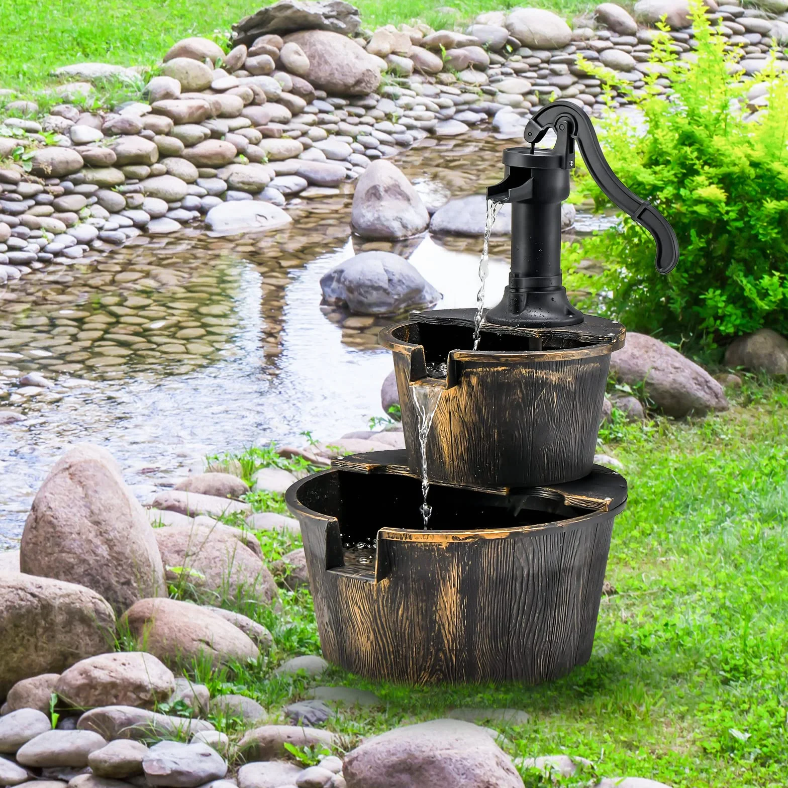 COSTWAY Fontaine Cascade Extérieure 2 Étages Pompe Réglable 68 cm PP Bronze Jardin