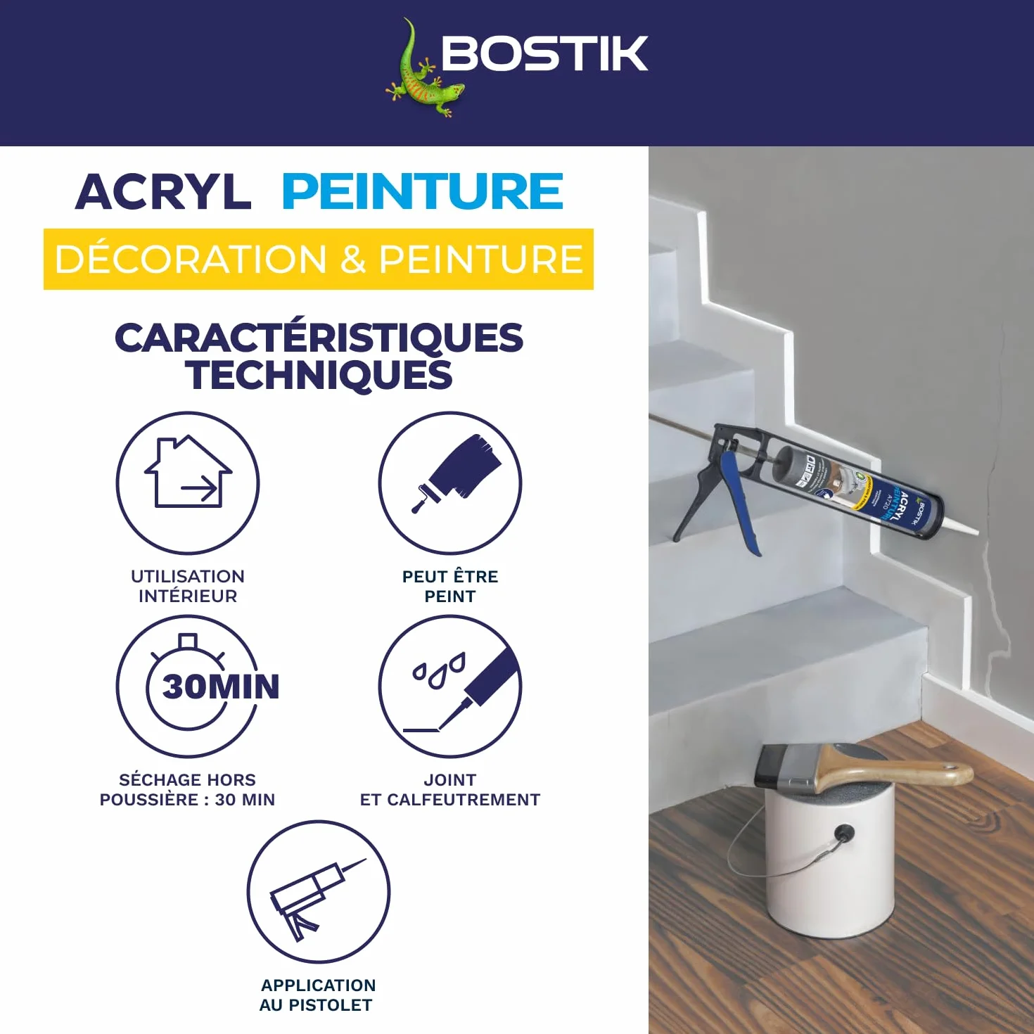 Bostik Acryl Peinture – Mastic Acrylique – Intérieur – Spécial Peinture, Calfeutreutement et Fissures – Tous Matériaux – Blanc – Cartouche 310 ml