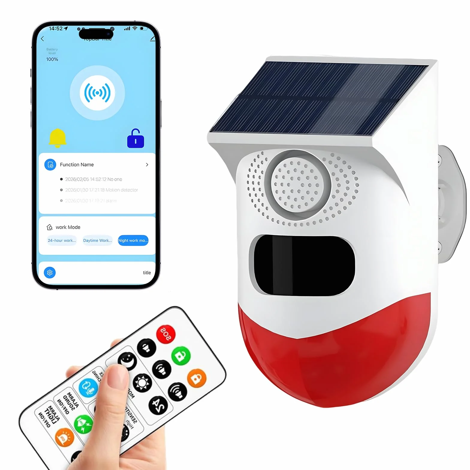 WiFi Detecteur de Mouvement, Sirene Alarme Extérieur/Intérieur Alimentation Solaire Prise en Charge, Volume 0~120dB, Contrôle à Distance, Réglage Horaire, avec Télécommande