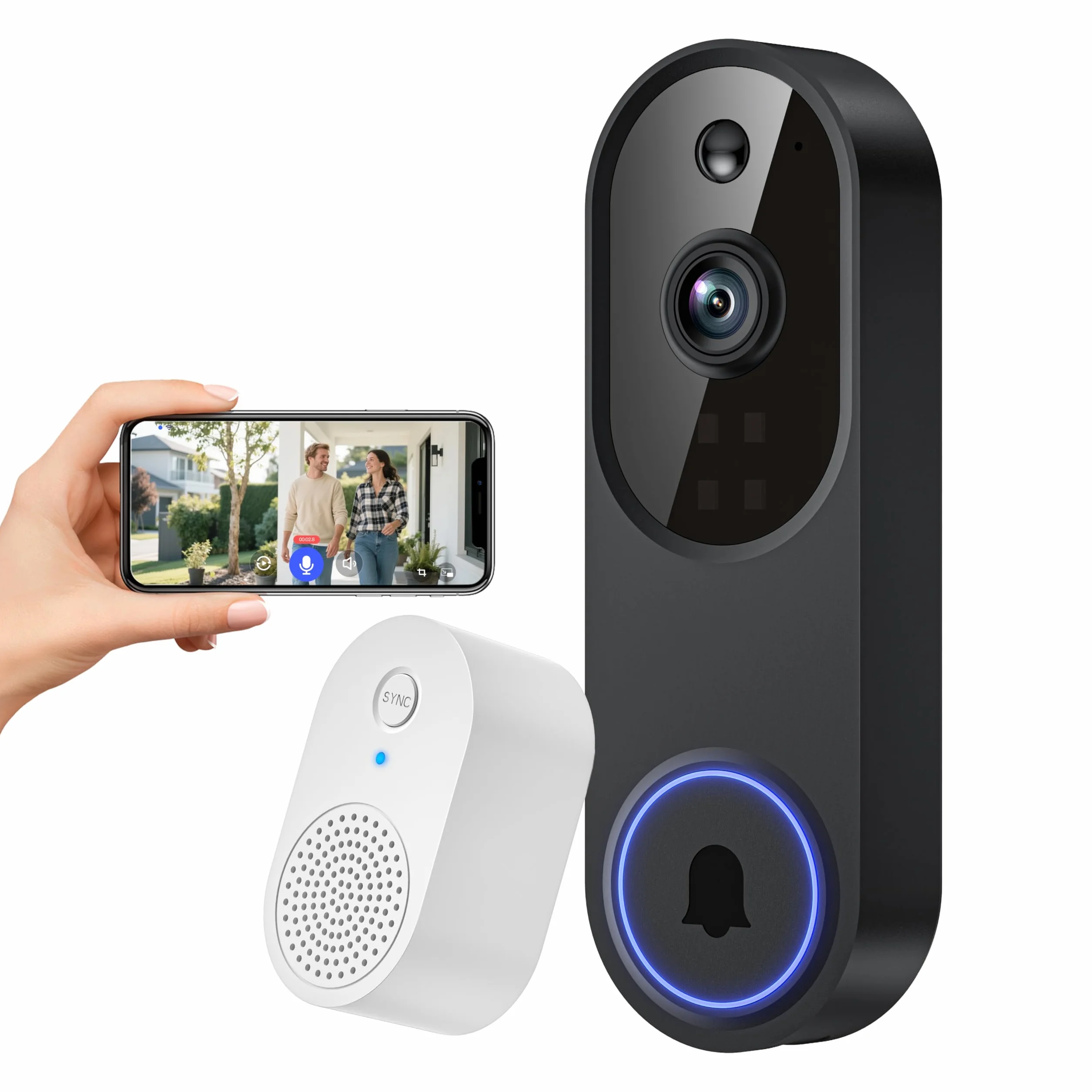 Caméra Sonnette Vidéo WiFi 1080P Sans Fil, Détection Humaine IA, Conversation Bidirectionnelle, Wi-Fi 2,4G, Alimentée par Batterie, Stockage Cloud, Surveillance Intérieure Extérieure (Avec