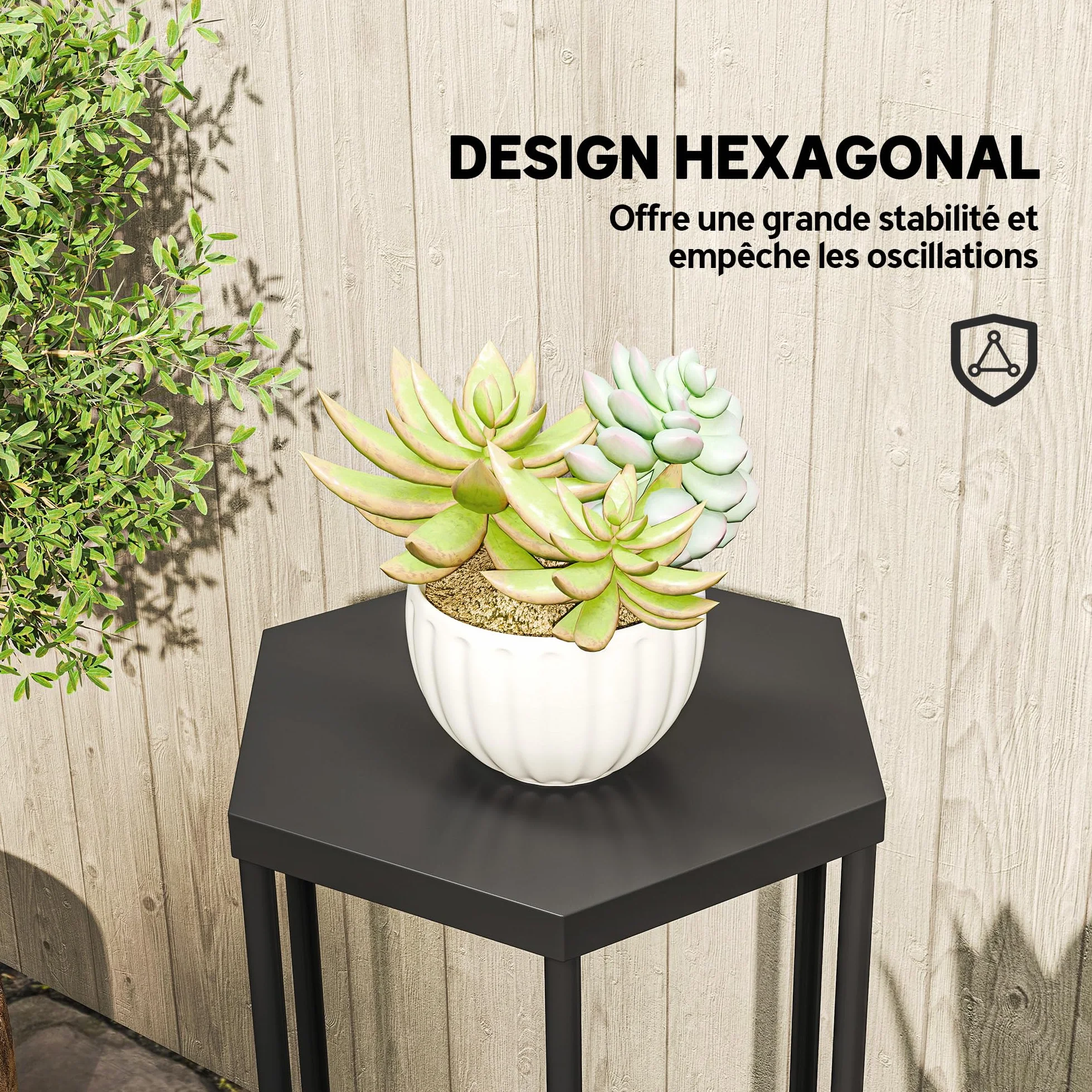 Outsunny Lot de 2 supports pour plantes hexagonal en métal noir, porte-plante haut intérieur extérieur