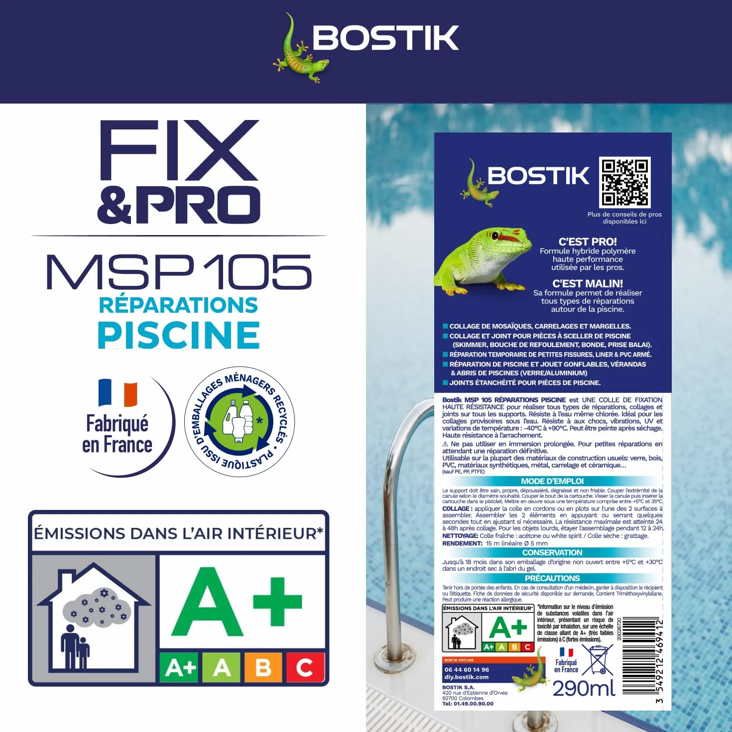 Bostik FIX&PRO MSP 105 Réparations Piscine Blanc – Mastic Pour Carrelage, Mosaïque et Pièces à Sceller Piscine – Intérieur/Extérieur – MS Polymère – 290 ml