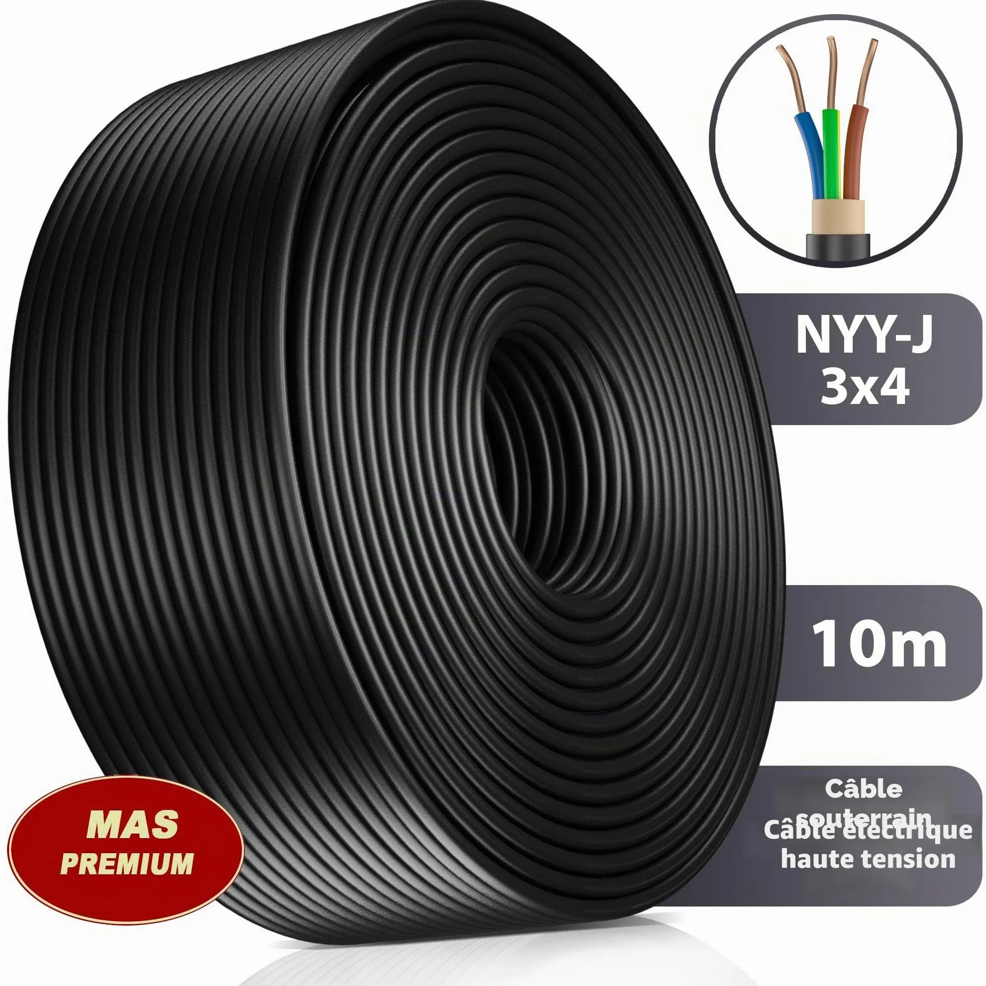 MAS Premium Câble souterrain NYY-J 3 x 1,5, 2,5, 4, 6, 10, 16 ou 5 x 1,5, 2,5, 4, 6, 10, 16, avec anneau pour pose en plein air (NYY-J 3 x 4 mm², 10 m) 5-170 m