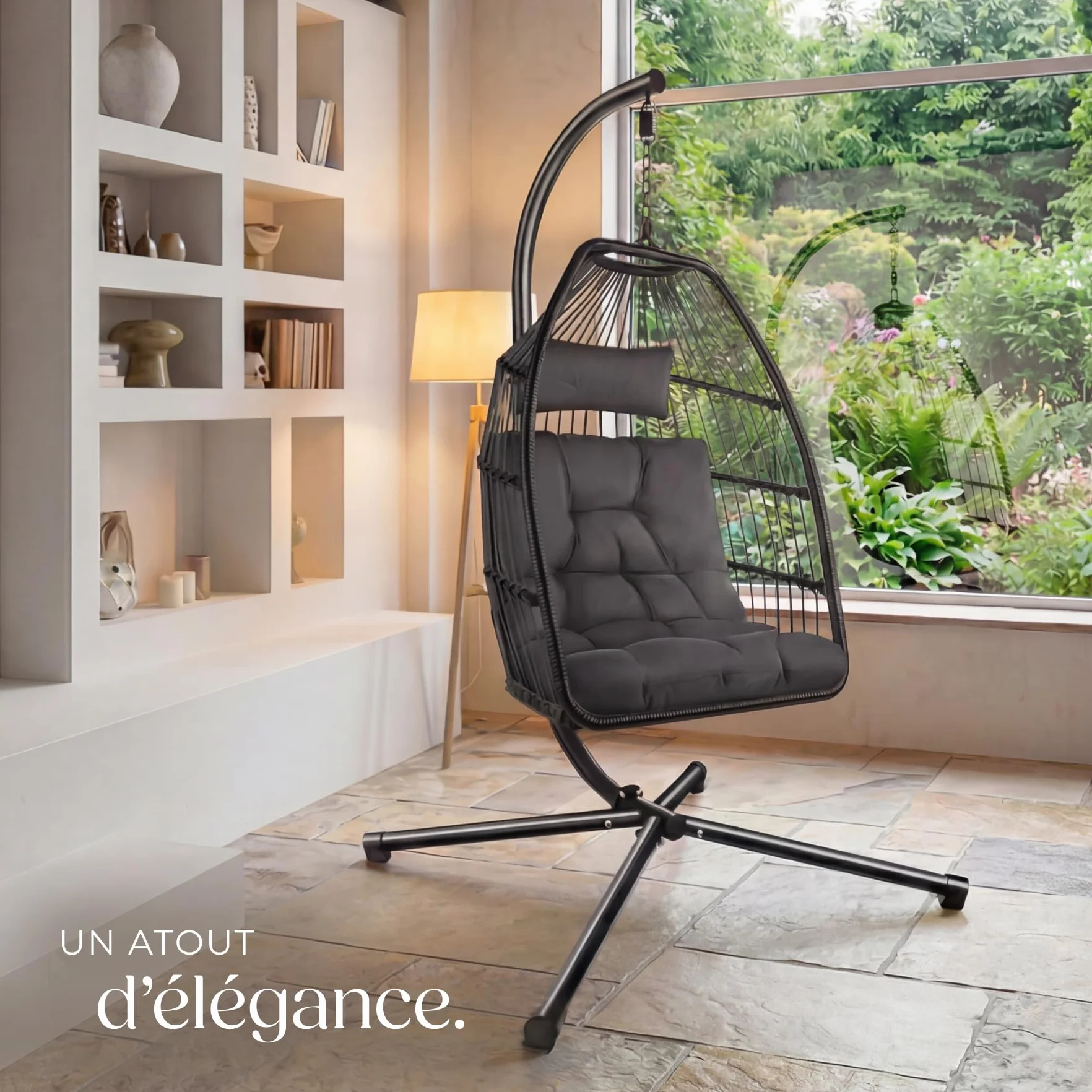 Tectake Fauteuil Oeuf Suspendu Chaise Hamac Balancoire Cocooning avec Structure en Acier et Coussin Épais