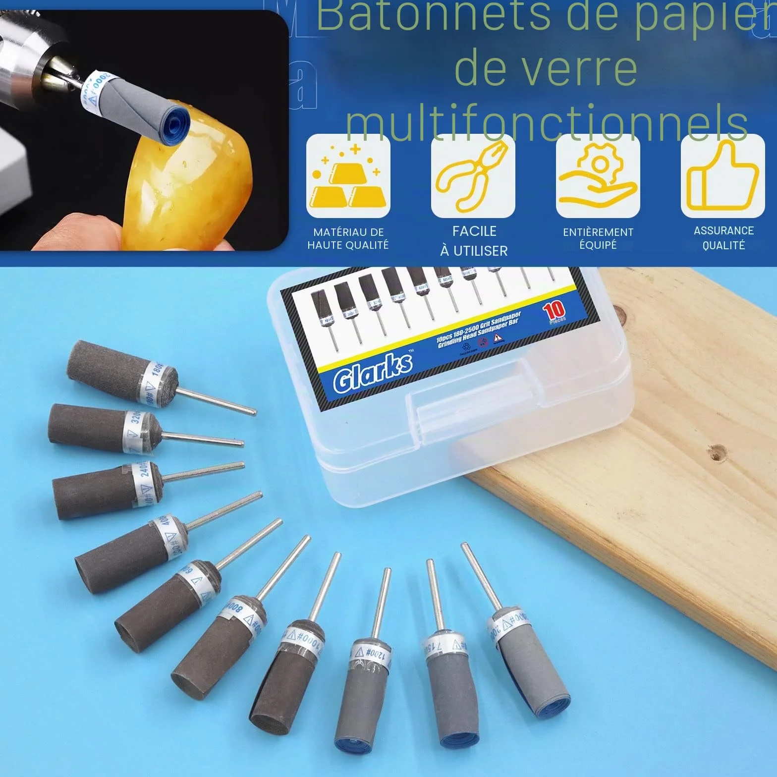 Glarks Lot de 10 tambours de ponçage, manchons de ponçage, points de meulage abrasifs, embouts de polissage cylindriques pour outil rotatif 180/240/320/400/600/800/1000/1200/1500/2000