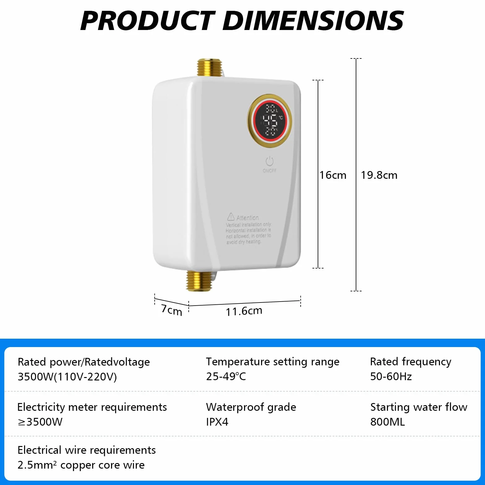 Chauffe-eau électrique 220V 3500W sans réservoir instantané avec écran numérique