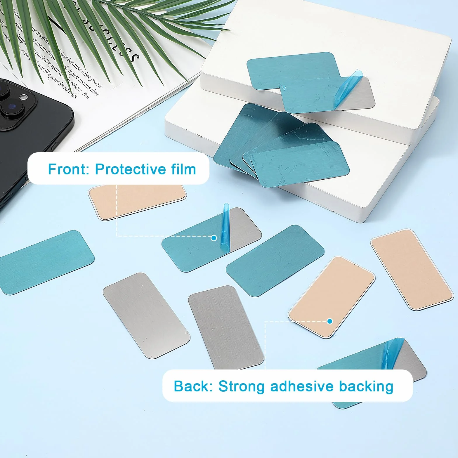 Lot de 16 plaques métalliques adhésives rectangulaires pour aimants, 6,9 x 3,5 cm pour montage magnétique sur projets créatifs avec dos adhésif