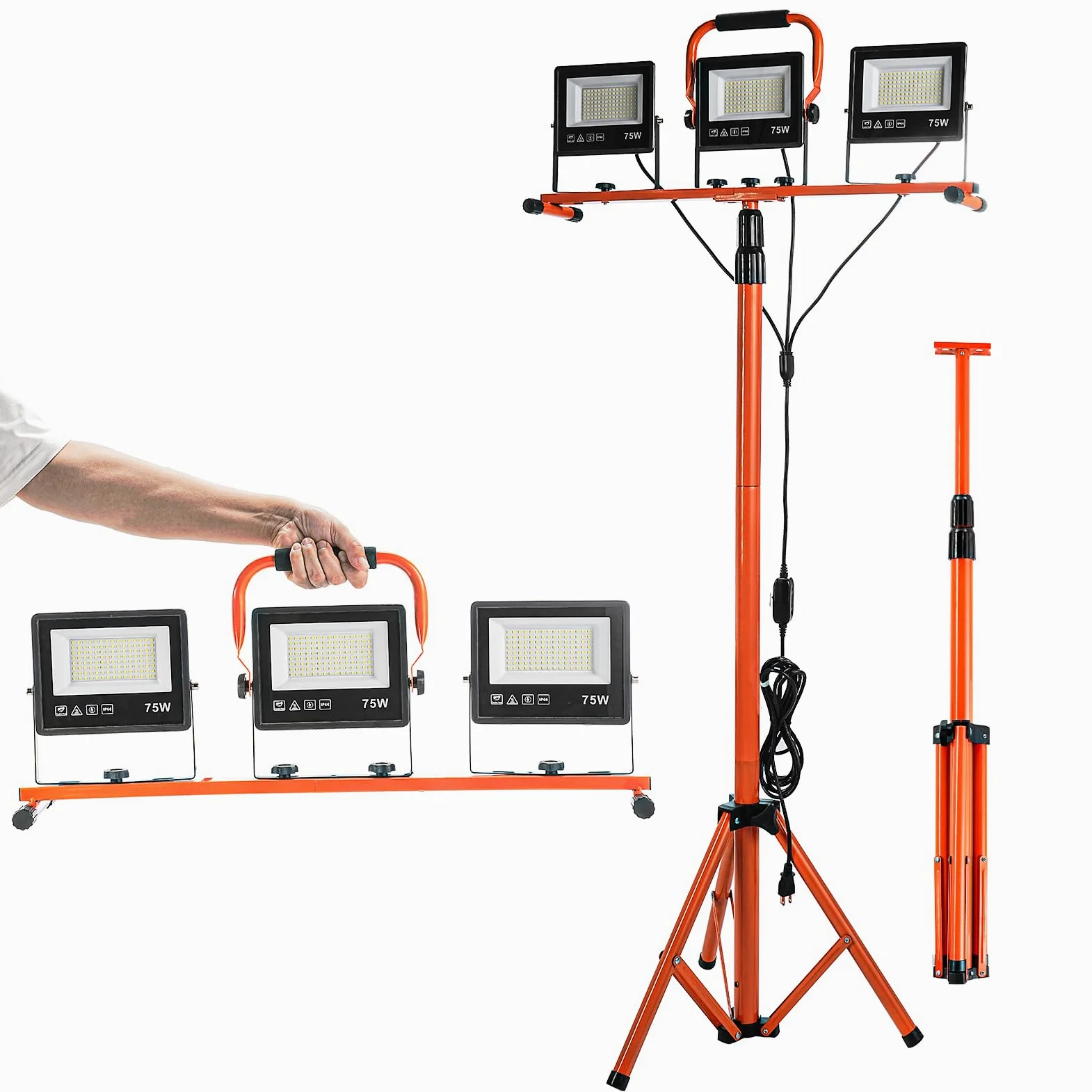 ETOOLAB Projecteur de chantier LED avec trépied | Projecteur de chantier LED | 30 000 lm | 225 W (3 x 75 W) | Projecteur de travail 5 m | Lampe de chantier | Hauteur extérieure réglable de 98 à 200 cm