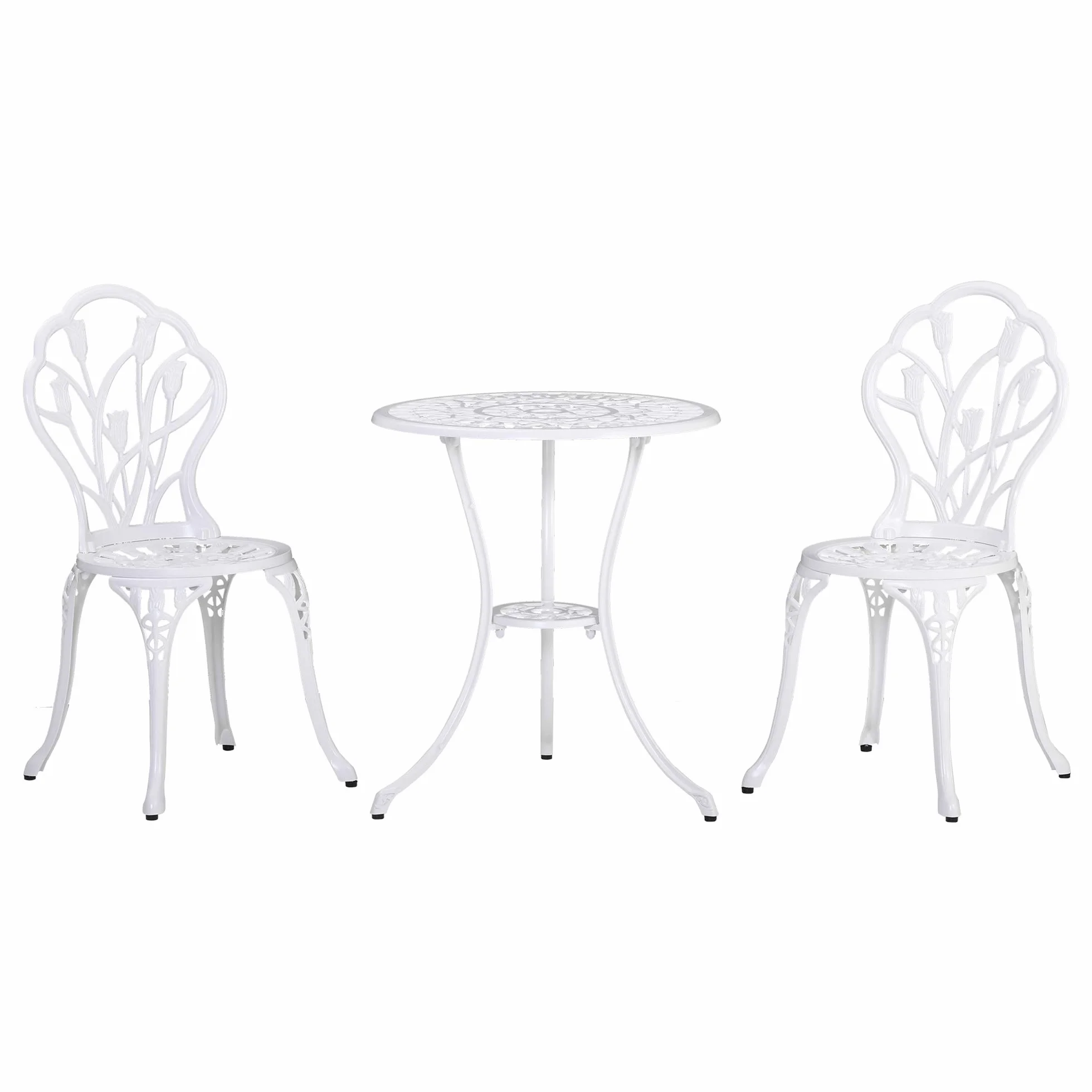 Outsunny Salon de Jardin 2 Places Table Ronde Fonte Aluminium Imitation Fer Forgé Blanc