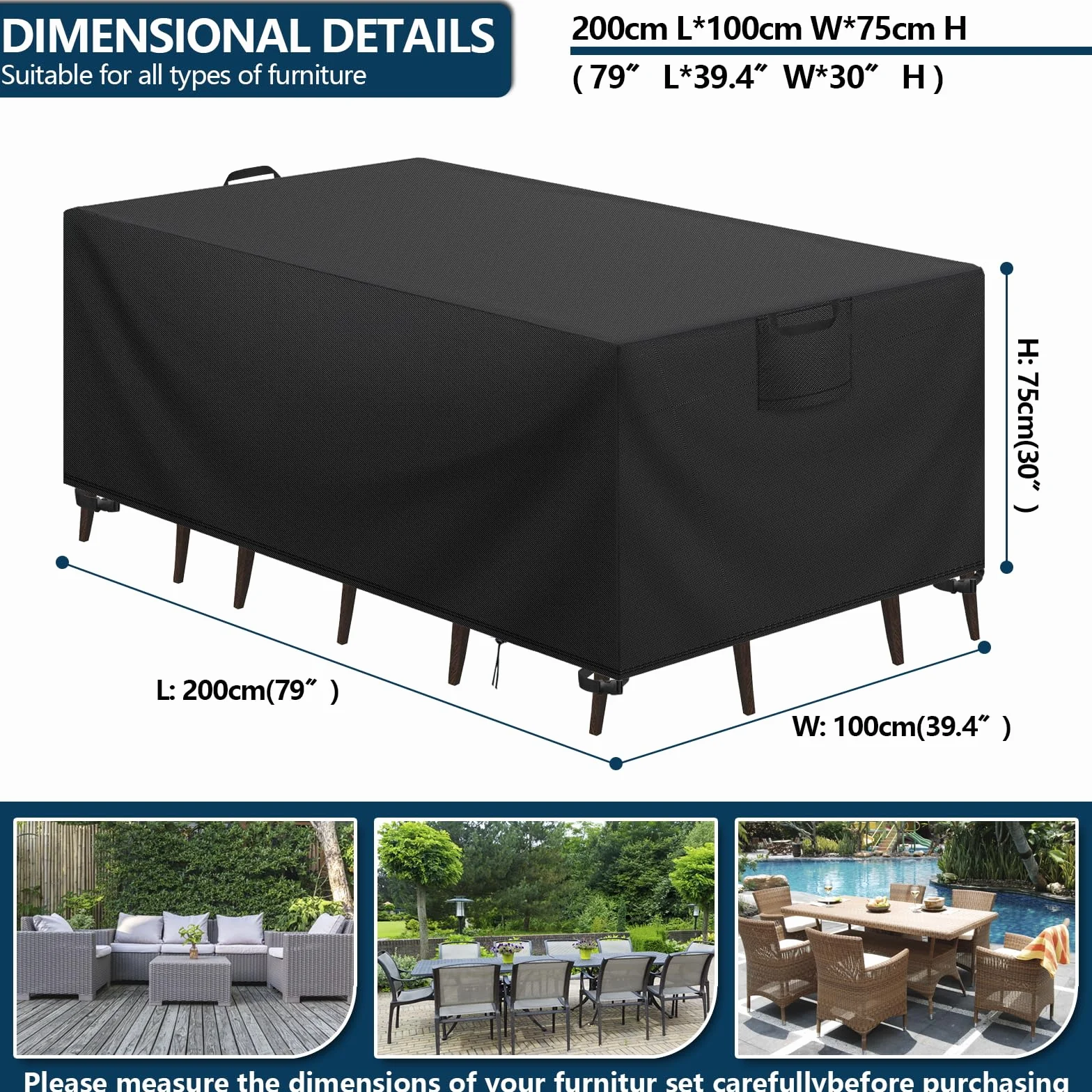 Housse de Protection Table de Jardin Tissu Oxford 420D Imperméable Anti-UV Noir 200x100x75 cm