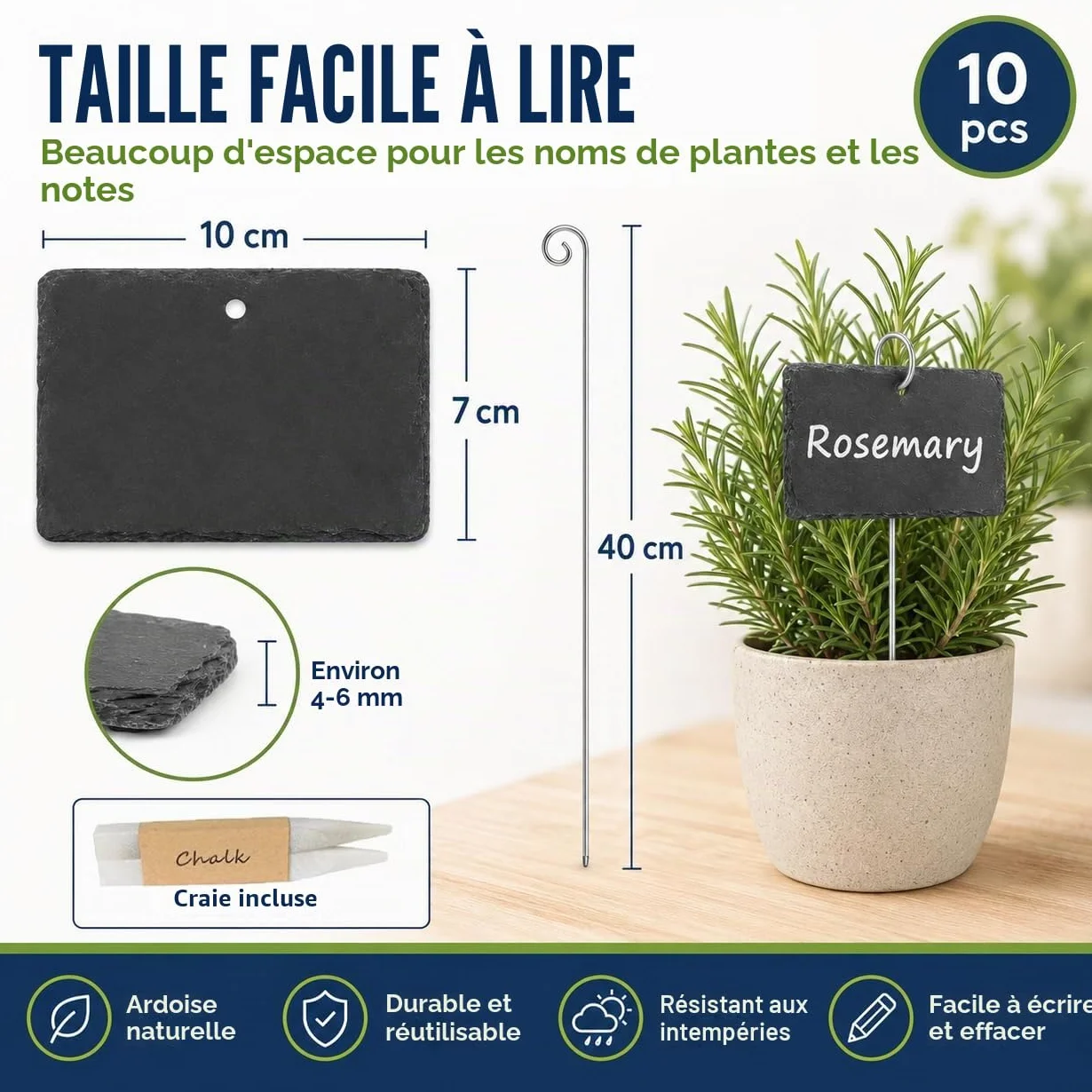 Étiquettes Plantes en Ardoise 10 Pcs avec Piquets Métal et Stylos Craie pour Jardin Extérieur Serre