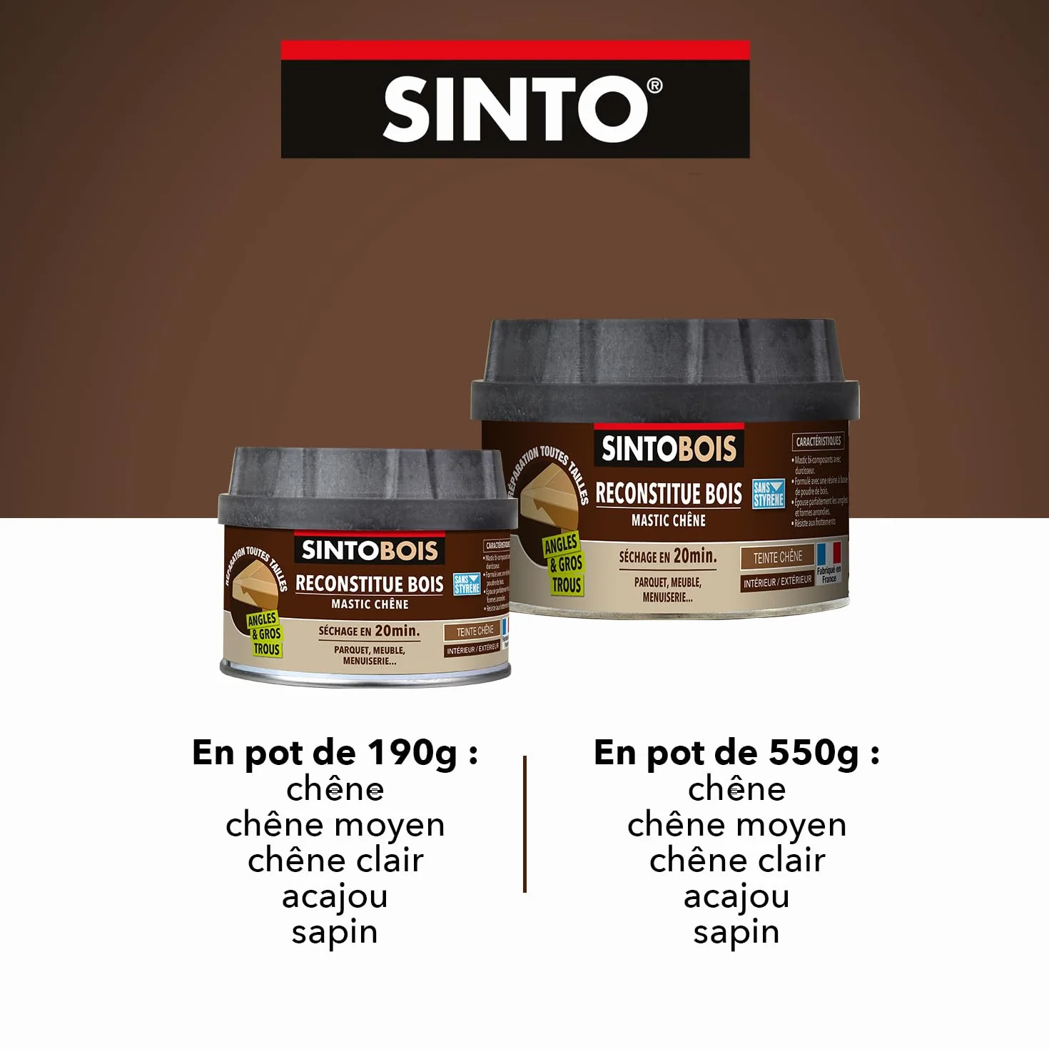 SINTO Mastic reconstitue angles et gros trous chêne 170ml, mastic bi-composant séchage en 20 min, parquets meubles menuiseries, bonne adhérence et résistance sur bois, intérieur et extérieur