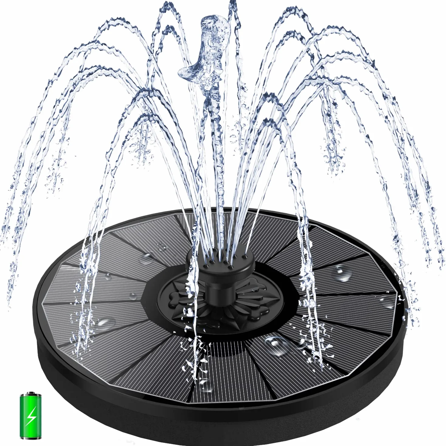 Fontaine Solaire 3.5W avec Batterie 2000mAh, Pompe Bassin Solaire Flottant Extérieur avec 8 Buses & 4 Tiges Fixes pour Jardin