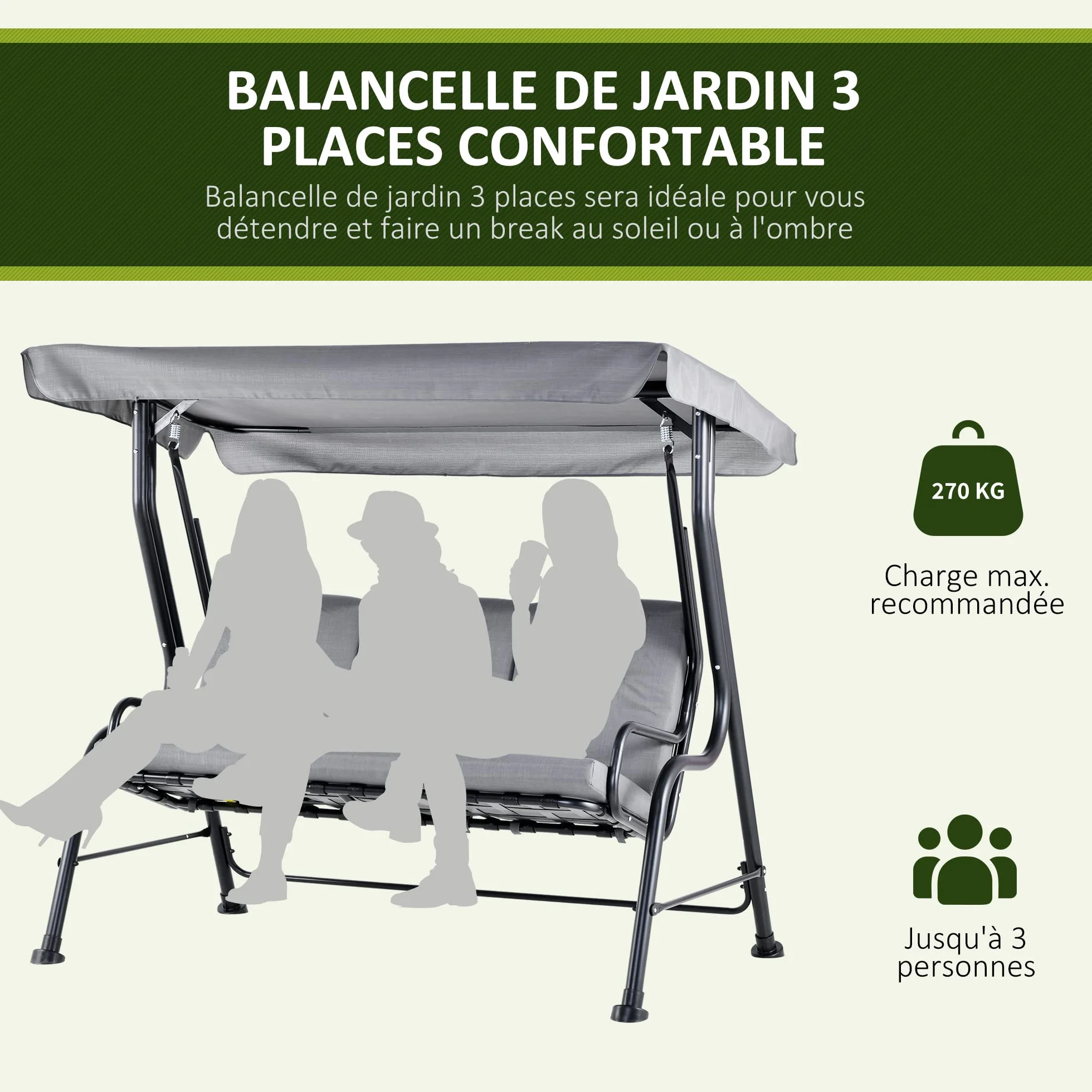 Outsunny Balancelle de Jardin 3 Places Grand Confort Toit Inclinaison réglable Coussins Amovibles Polyester Acier Gris