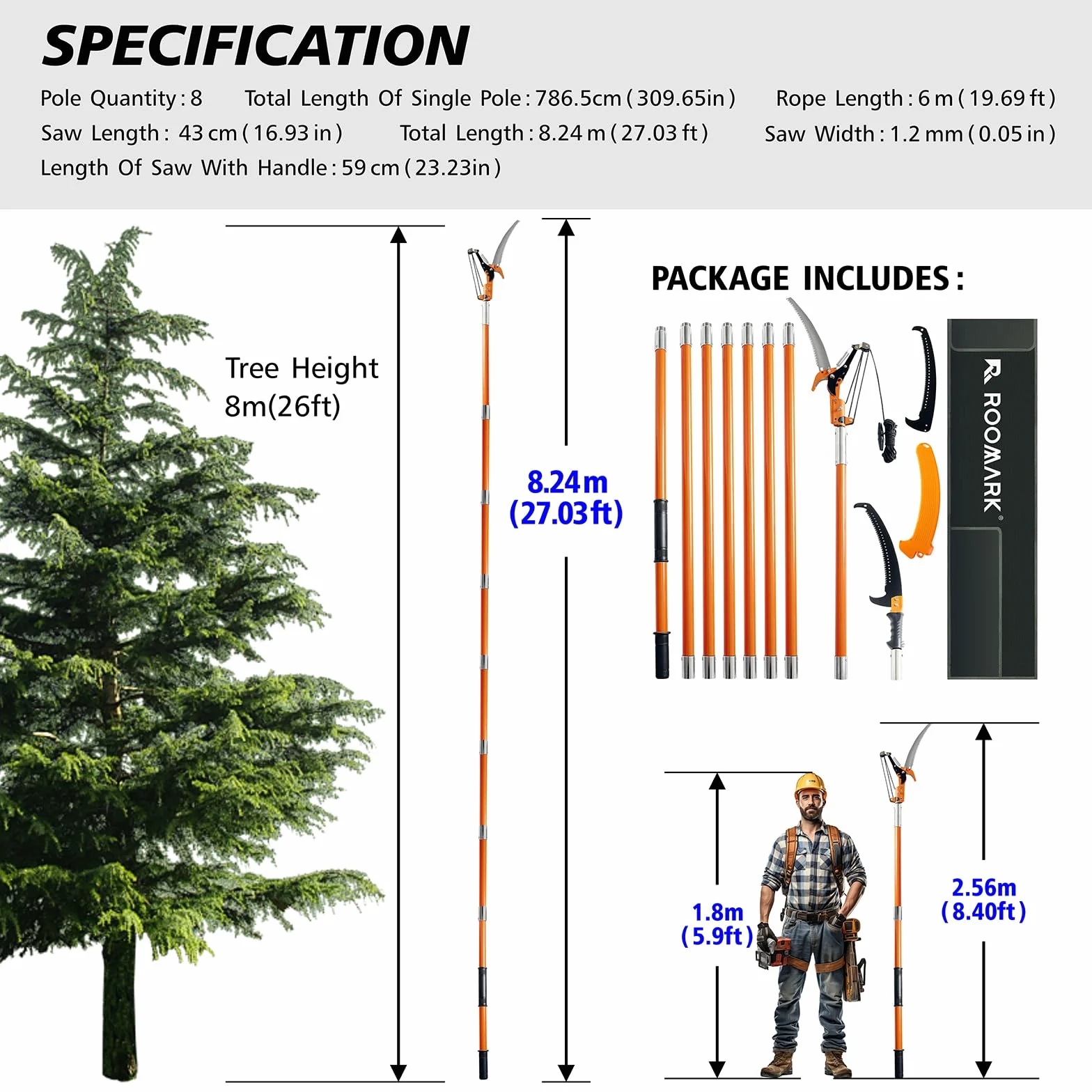 Scie à Élaguer Télescopique 8,24 m, Lame en Acier Allié de Haute Dureté avec 191 Dents, Coupe Branche Professionnel, 8 Perches en Fibre de Verre pour Élagage Précis des Arbres et Palmiers