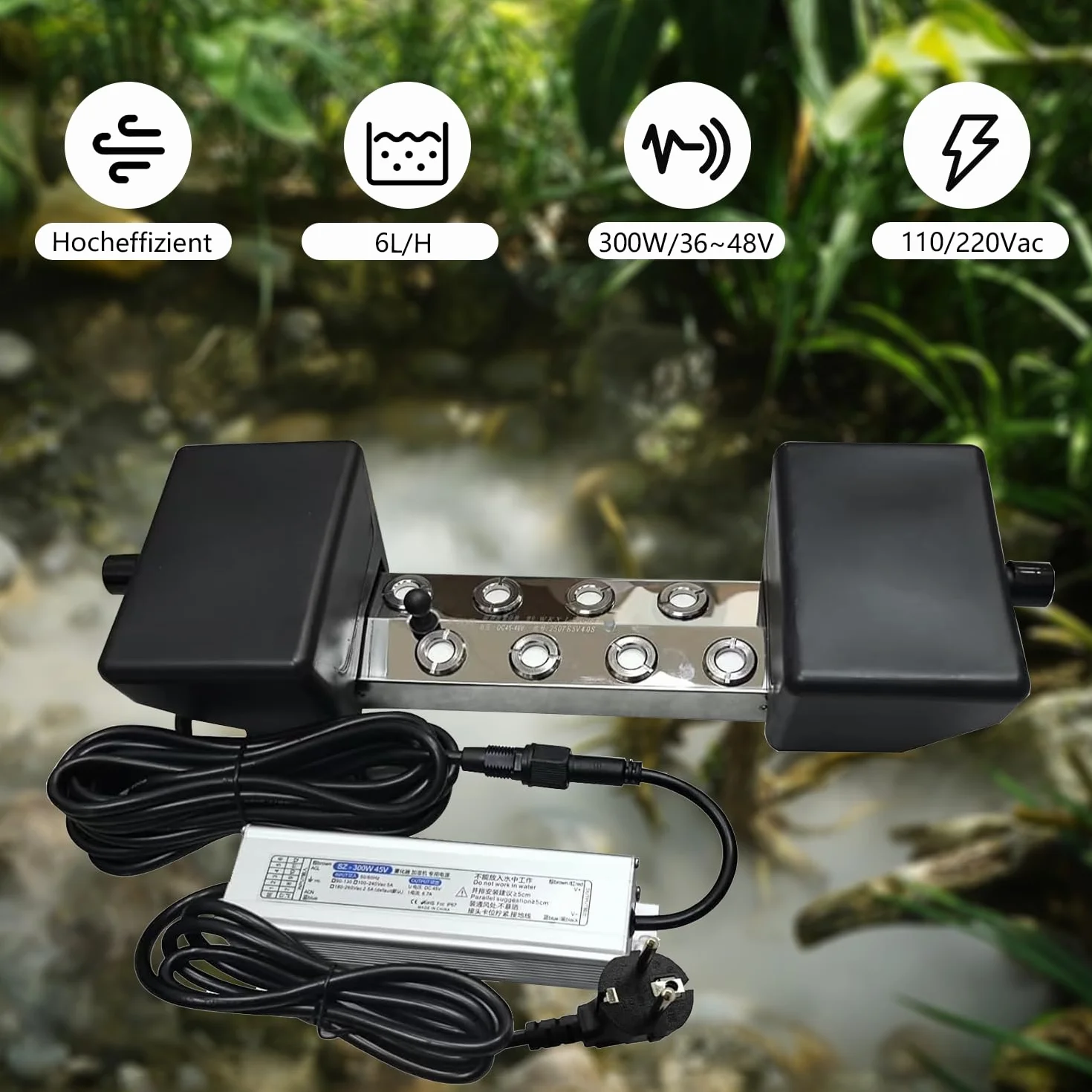 Brumisateur à ultrasons 6 l/h 8 têtes IP67 5 m prise européenne pour jardin étang