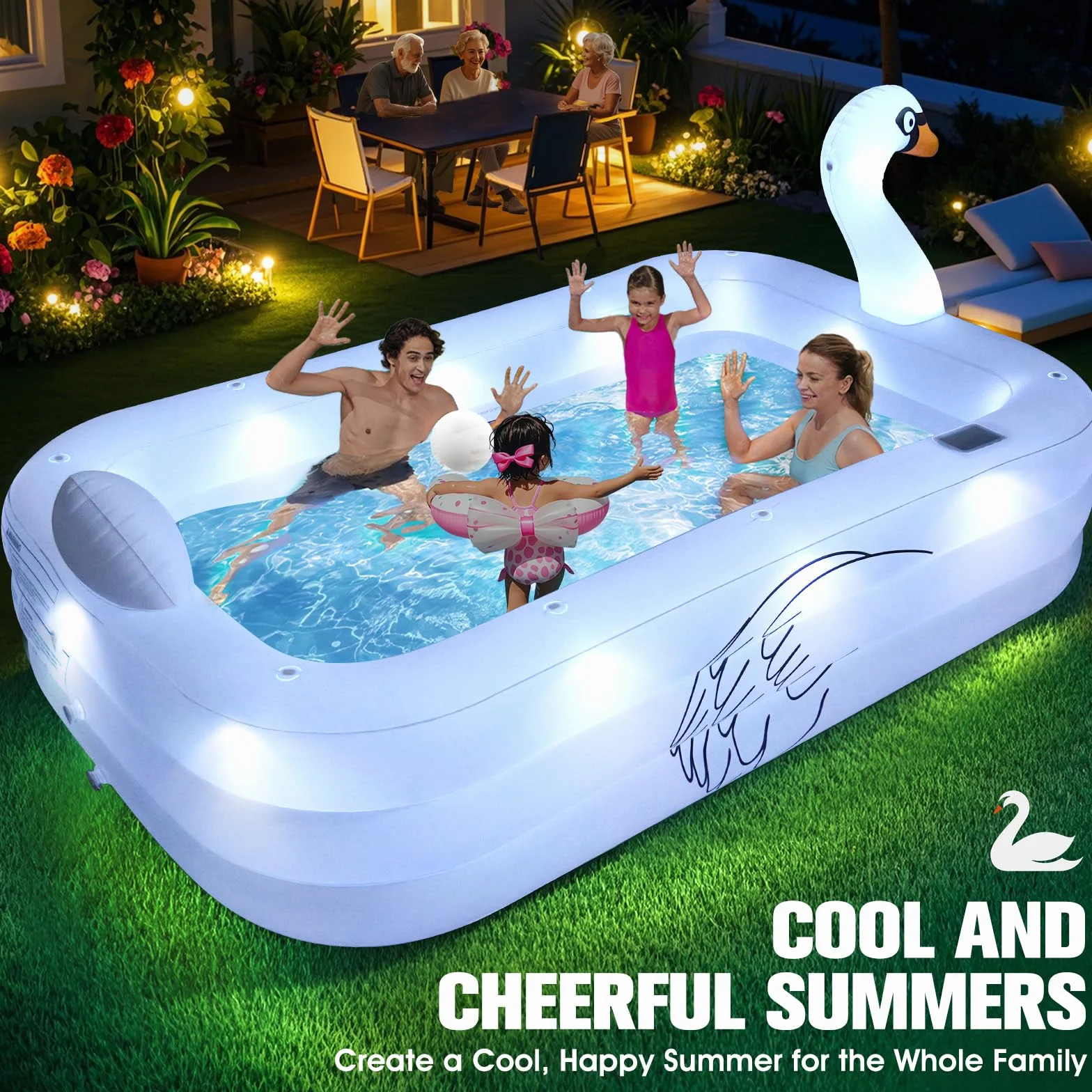 ChlorBlu Piscine Gonflable avec Lumières 255x160x50cm Rectangulaire pour Enfants et Famille