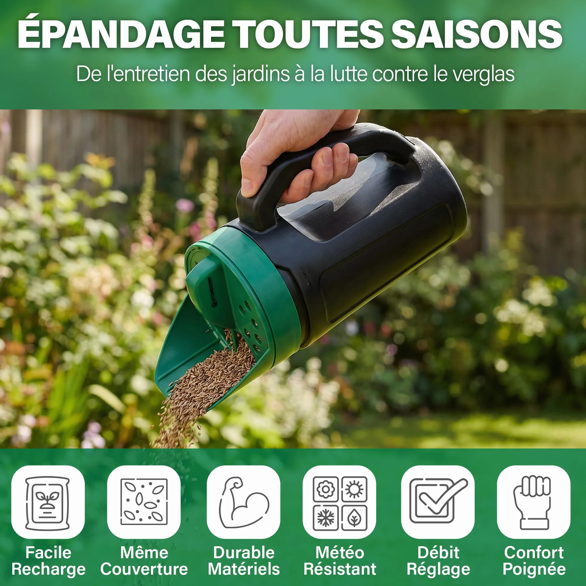 Épandeur de semences STOWBERRY avec cadran réglable pour sel, engrais et gazon