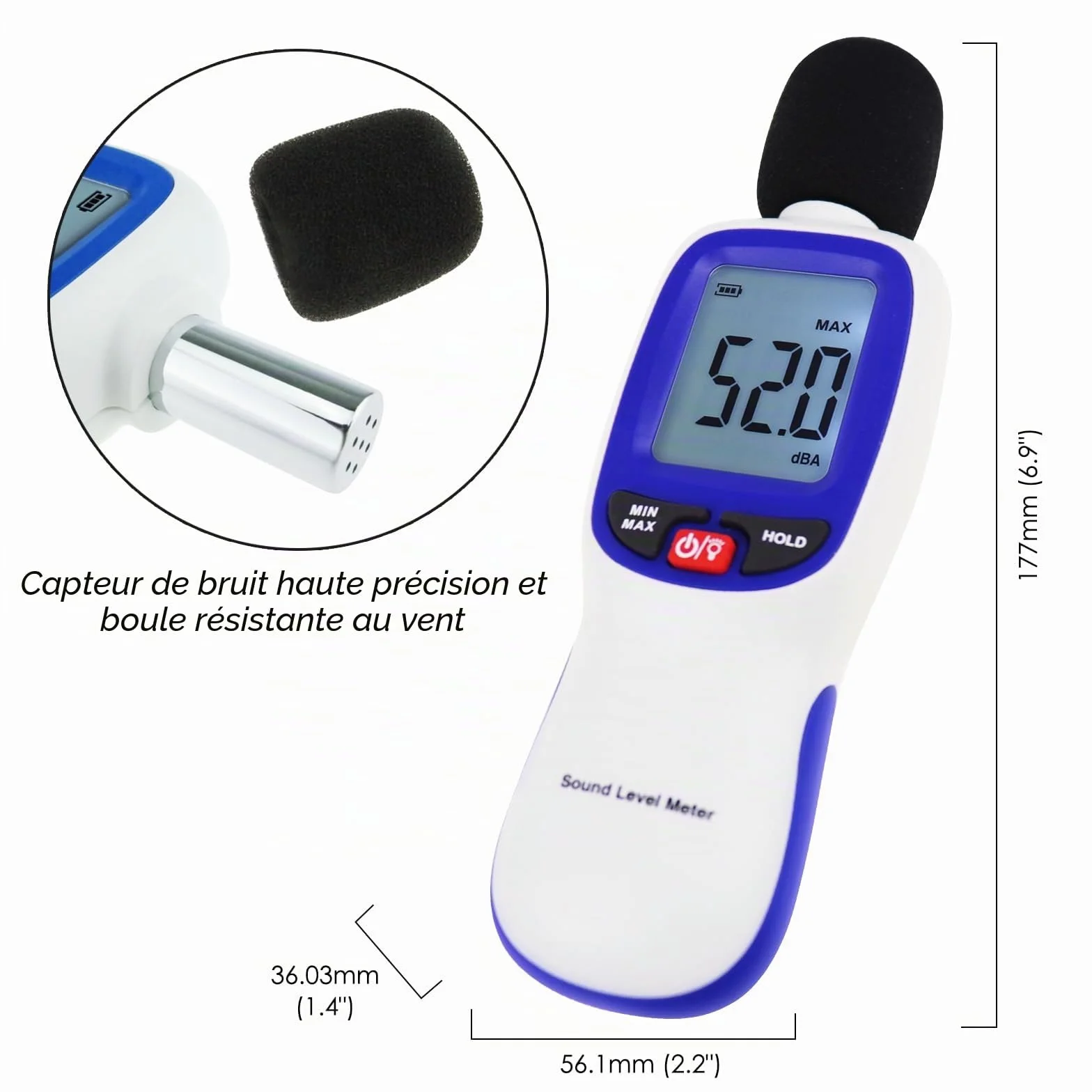 Sonomètre sans fil avec enregistrement de données par application Sonomètre portable Bluetooth 30~130dBA Compteur SPL haute précision pour salles de classe, bureaux, maisons, etc.