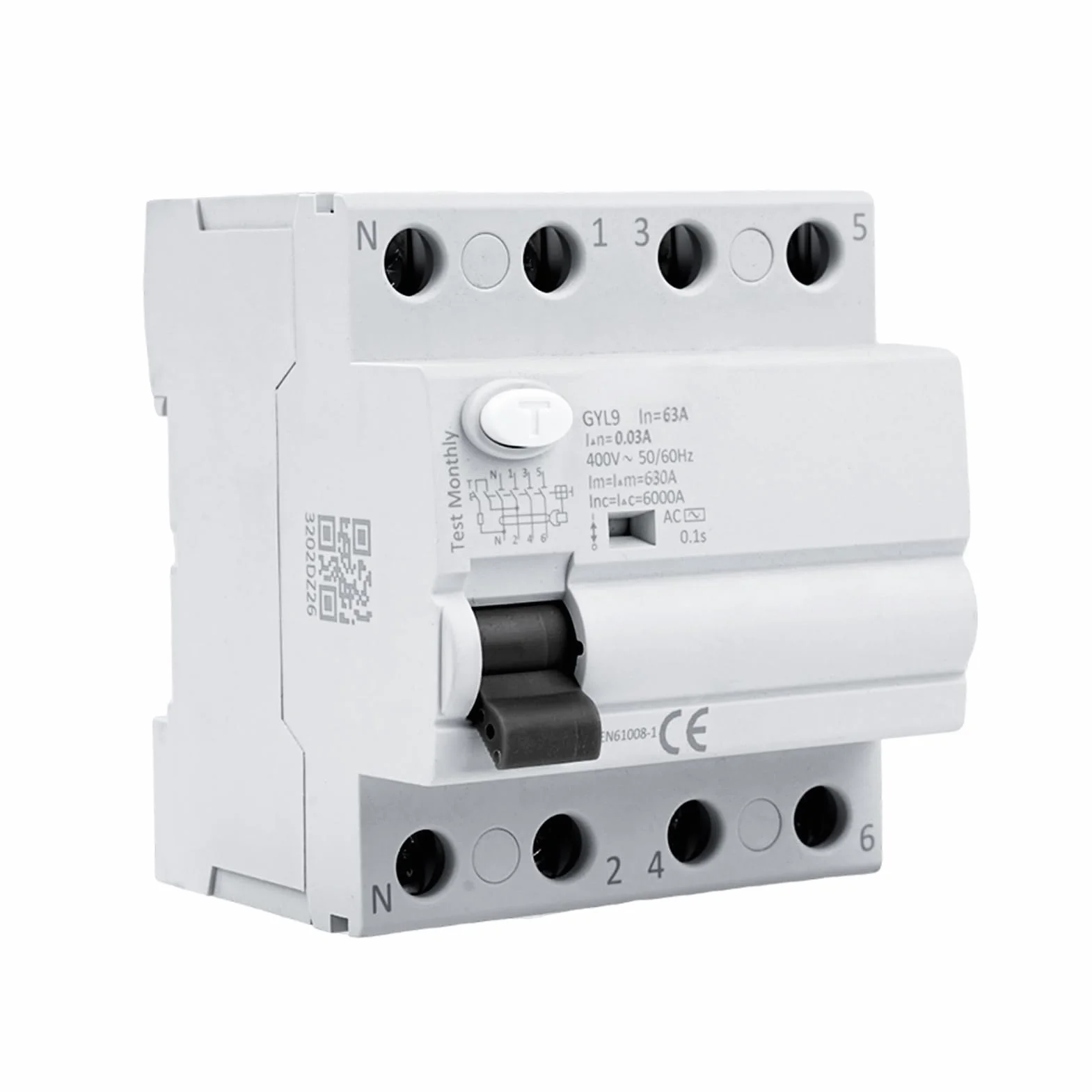 Disjoncteur différentiel 63A 30ma Interrupteur différentiel 4P type AC Disjoncteurs électriques AC 380V, Schützt persönliche Sicherheit und verhindert Geräteausfälle aufgrund von Kriechstrom.