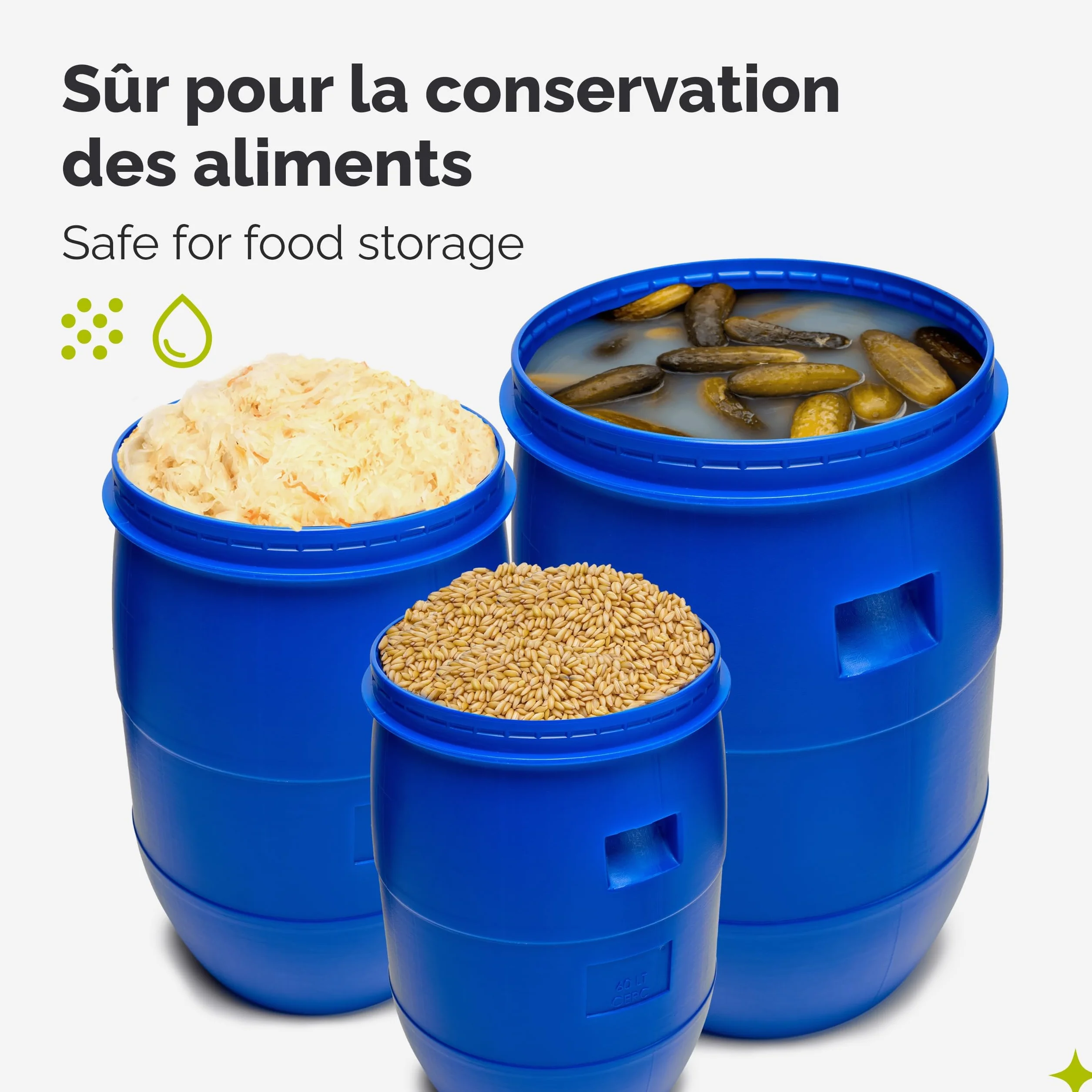 Lot de 2 fûts 60L HDPE Alimentaire sans BPA Barils Large Ouverture Bleu