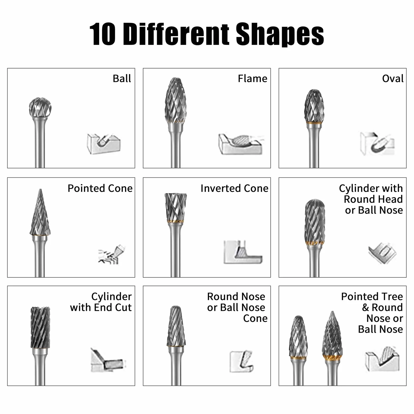 HPMAISON Lot de 10 Fraises Rotatives, Avec Tige de 3 mm et Longueur de Tête de 6 mm pour le Bricolage, le Travail du Bois, la Gravure, la Sculpture du Métal, le Perçage, le Polissage
