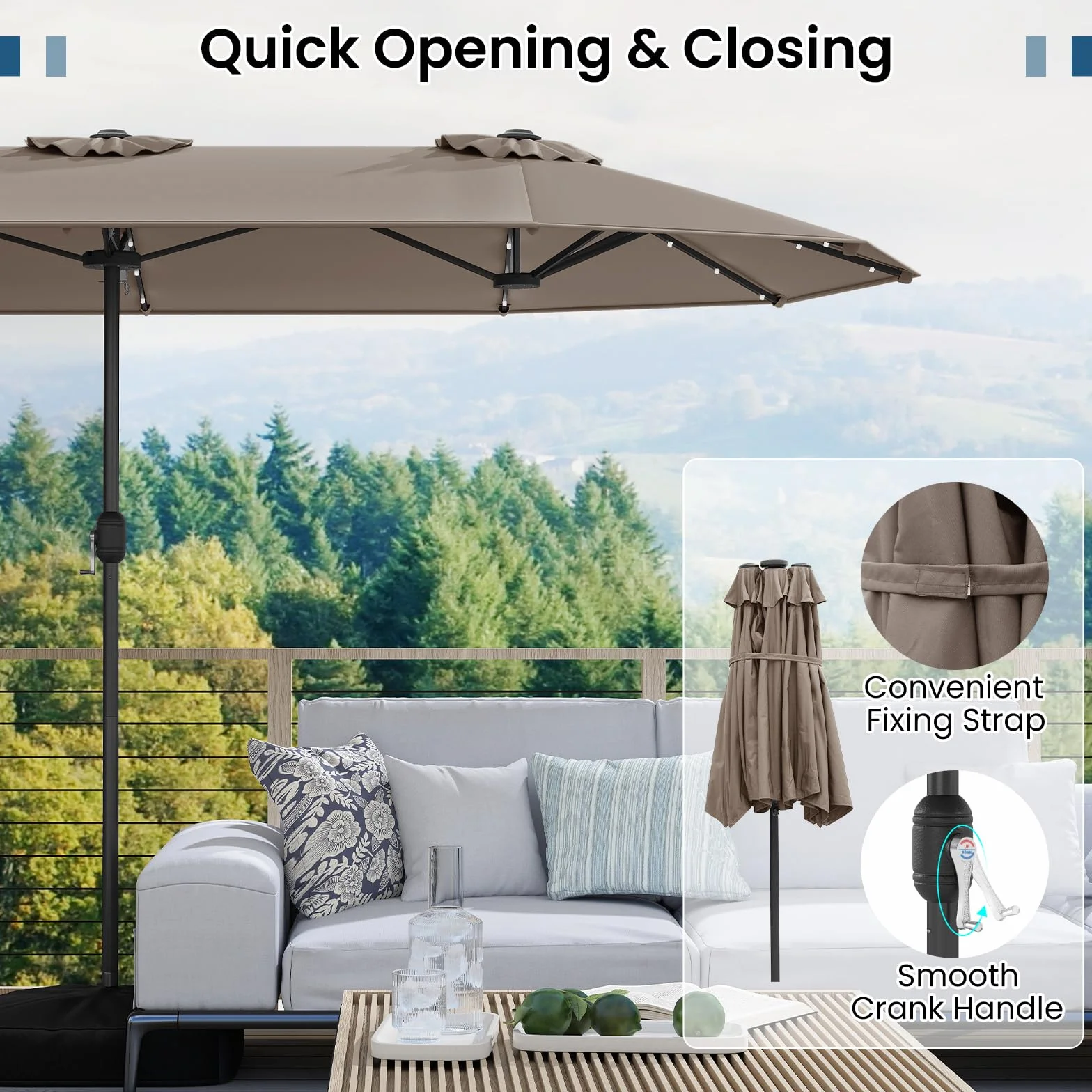 COSTWAY Parasol de Jardin Exterieur 4 x 2 m LED Solaires Double Rectangulaire avec Manivelle Marron