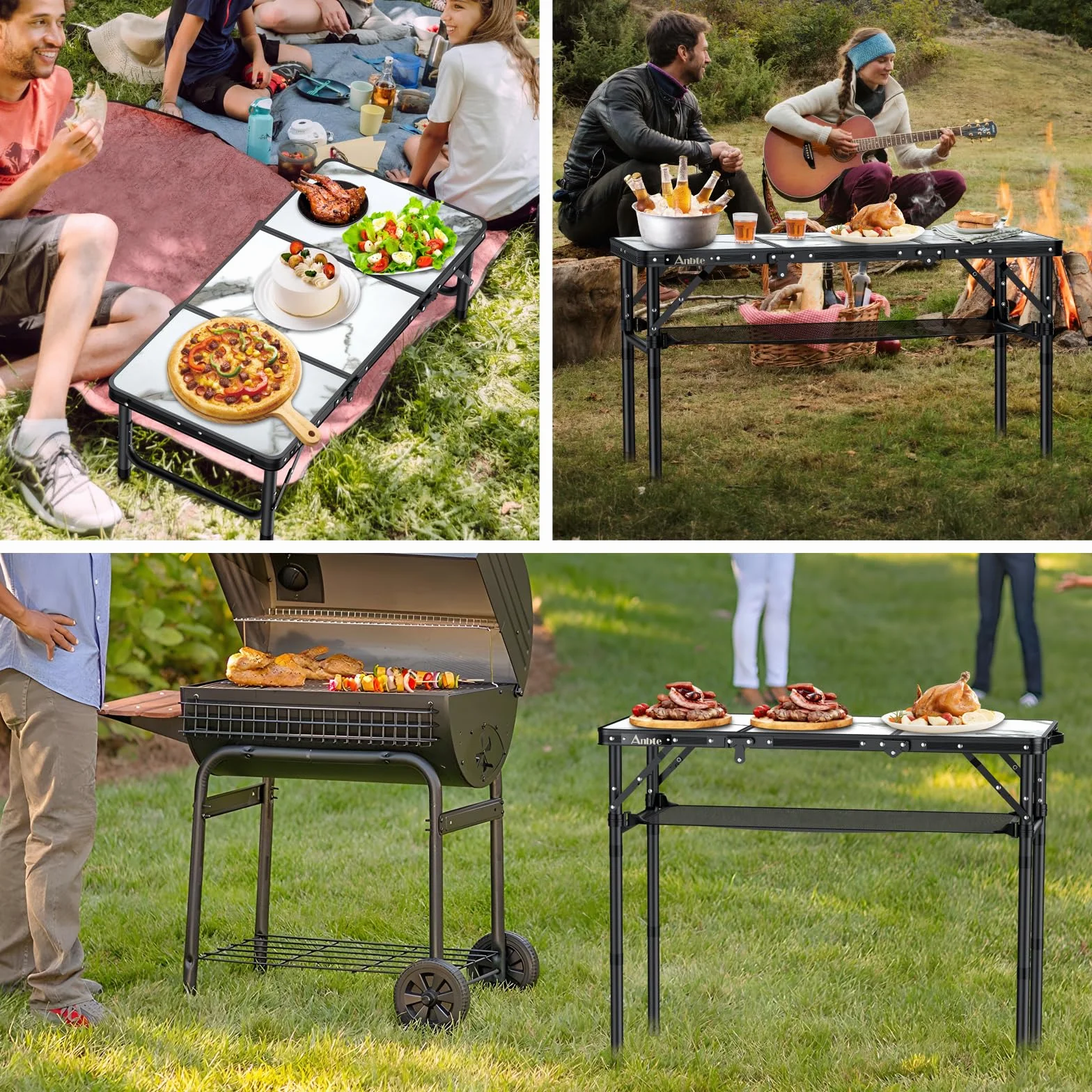 Anbte Table de Camping Pliante 4 Hauteurs Ajustables Portable avec Rangement Net