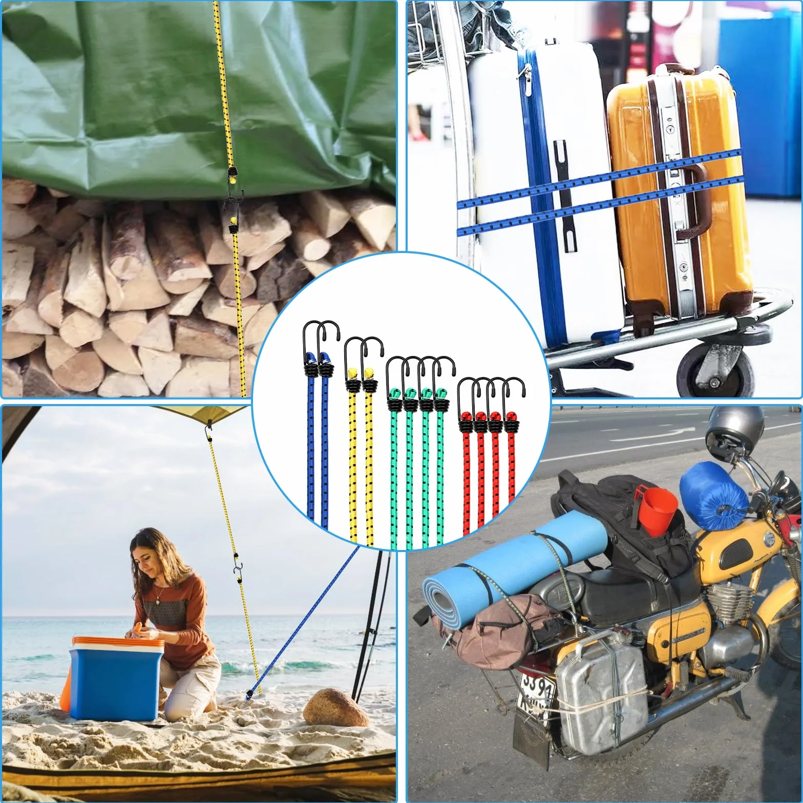 Avesteir Lot de 12 Pièces Tendeurs Elastique avec Crochets, Tendeur Elastique, Corde Elastique, Sangle Elastique, Cordon Elastique, Élastiques avec Crochets, Bungee Cords pour Vélo, Voiture, Tente
