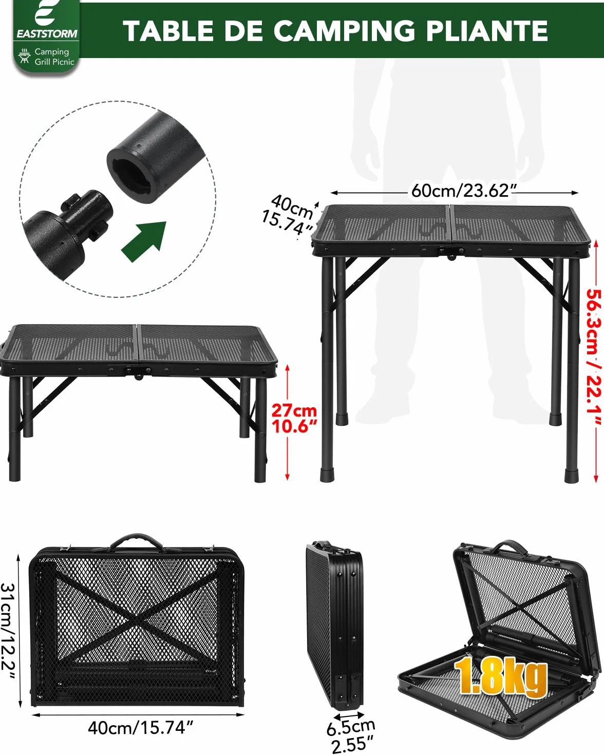 EASTSTORM Table de Camping Pliante 60×40cm, 2 Réglages de Hauteur, Grille Métallique pour Intérieur/Extérieur