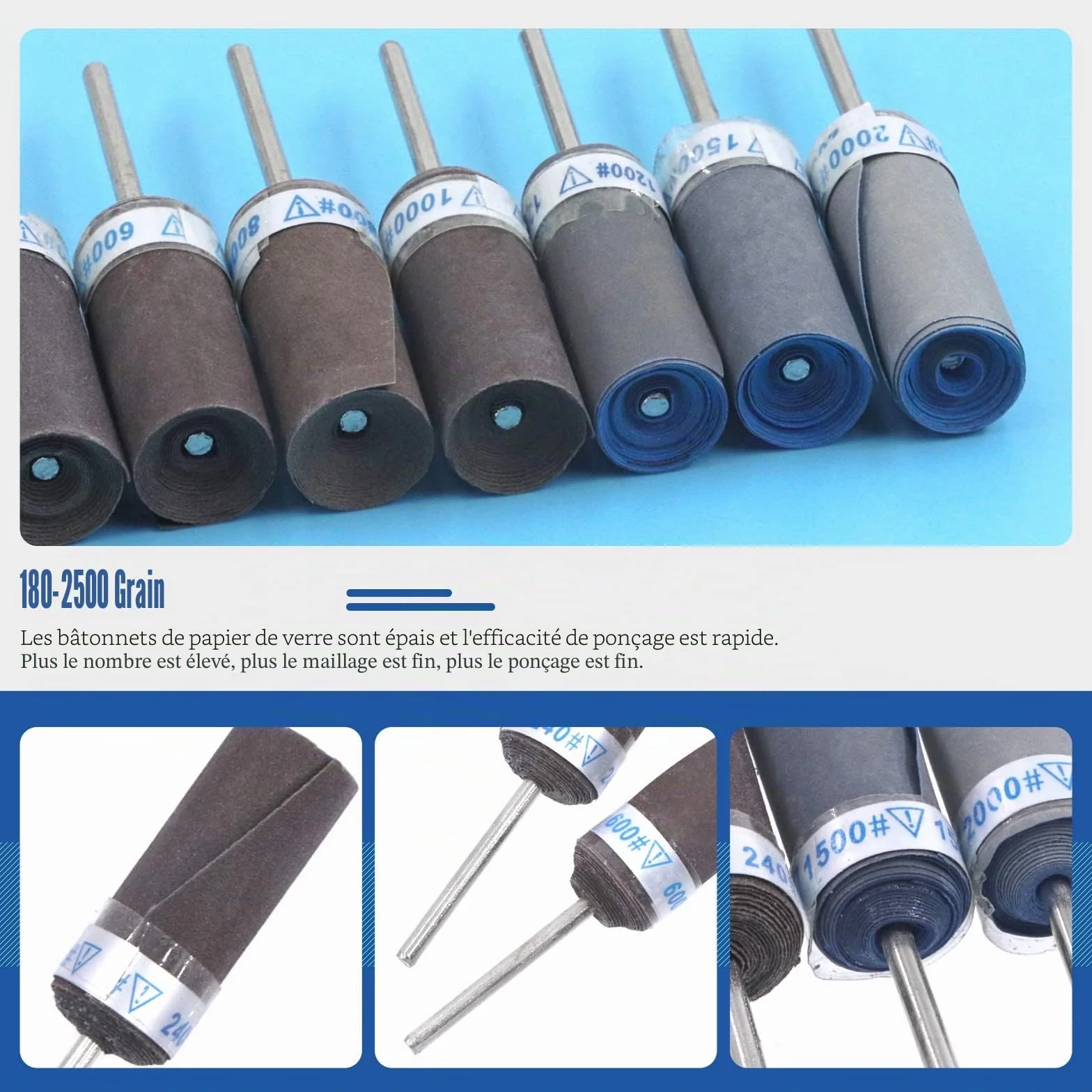 Glarks Lot de 10 tambours de ponçage, manchons de ponçage, points de meulage abrasifs, embouts de polissage cylindriques pour outil rotatif 180/240/320/400/600/800/1000/1200/1500/2000